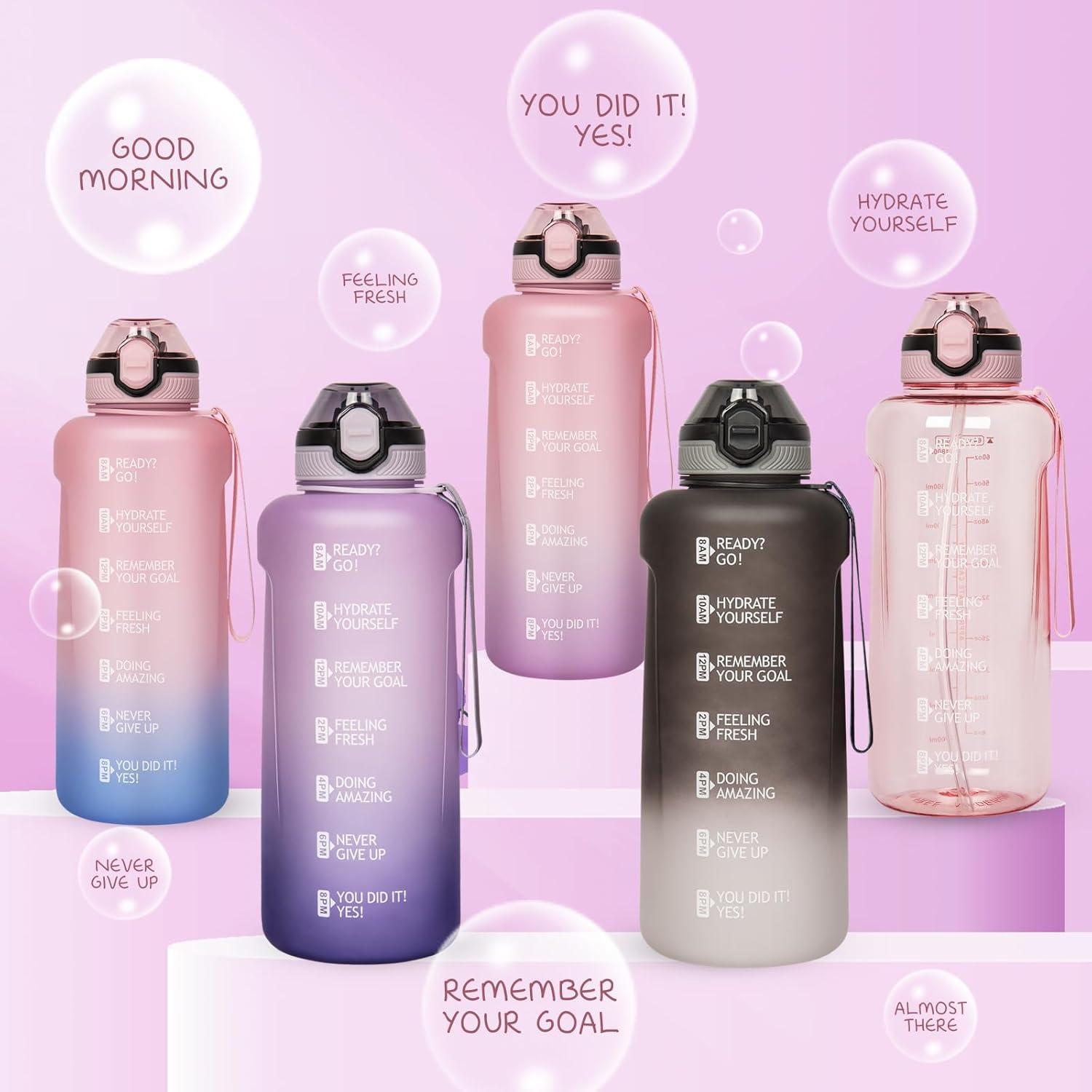 image2l 2 litres Tritan Sport Gourde Gradue avec Paille et Marqueur de Temps de Motivation 2000ml Grande Bouteille sans BPA eau pour Fitness Gym RandonneVoyageTransparent Rose