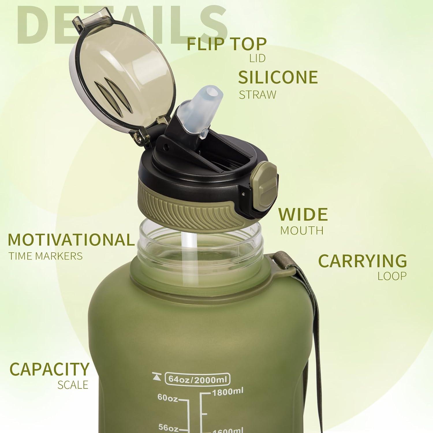 image2l 2 litres Tritan Sport Gourde Gradue avec Paille et Marqueur de Temps de Motivation 2000ml Grande Bouteille sans BPA eau pour Fitness Gym RandonneVoyageDgrad Olive Jaune