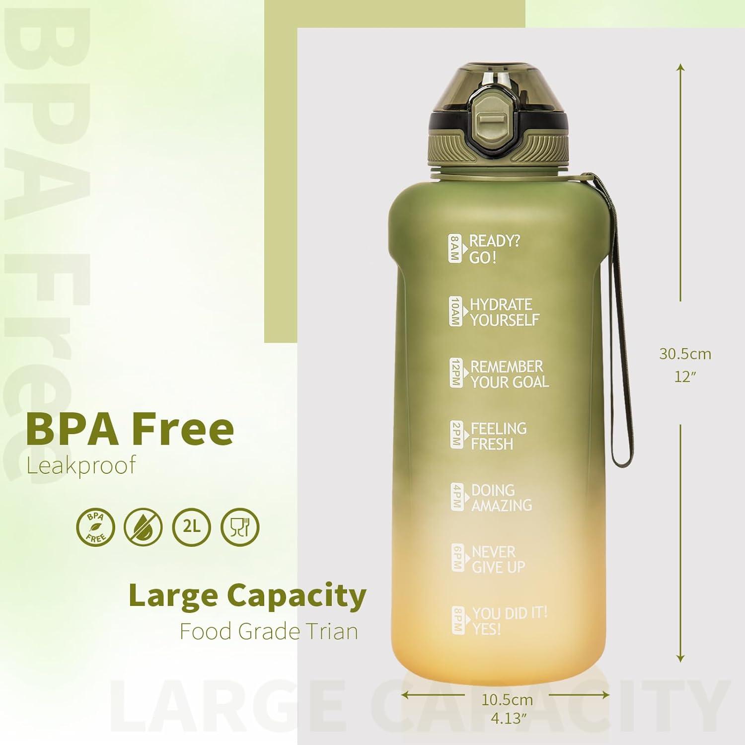 image2l 2 litres Tritan Sport Gourde Gradue avec Paille et Marqueur de Temps de Motivation 2000ml Grande Bouteille sans BPA eau pour Fitness Gym RandonneVoyageDgrad Olive Jaune