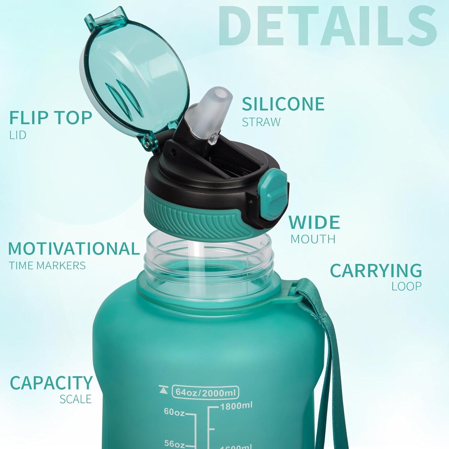 image2l 2 litres Tritan Sport Gourde Gradue avec Paille et Marqueur de Temps de Motivation 2000ml Grande Bouteille sans BPA eau pour Fitness Gym RandonneVoyageDgrad Vert Cyan