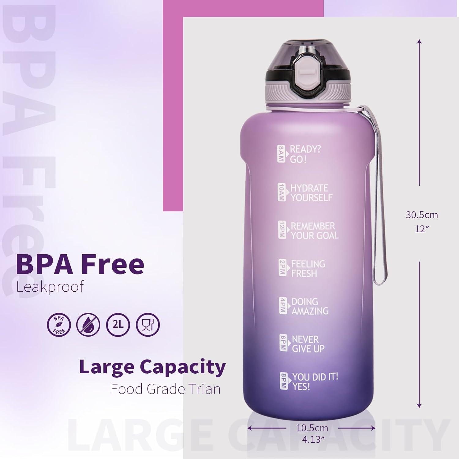 image2l 2 litres Tritan Sport Gourde Gradue avec Paille et Marqueur de Temps de Motivation 2000ml Grande Bouteille sans BPA eau pour Fitness Gym RandonneVoyageDgrad Violet Clair Violet Fonc