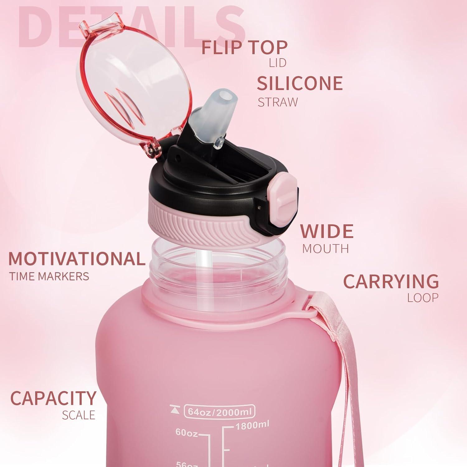 image2l 2 litres Tritan Sport Gourde Gradue avec Paille et Marqueur de Temps de Motivation 2000ml Grande Bouteille sans BPA eau pour Fitness Gym RandonneVoyageDgrad Rose Violet