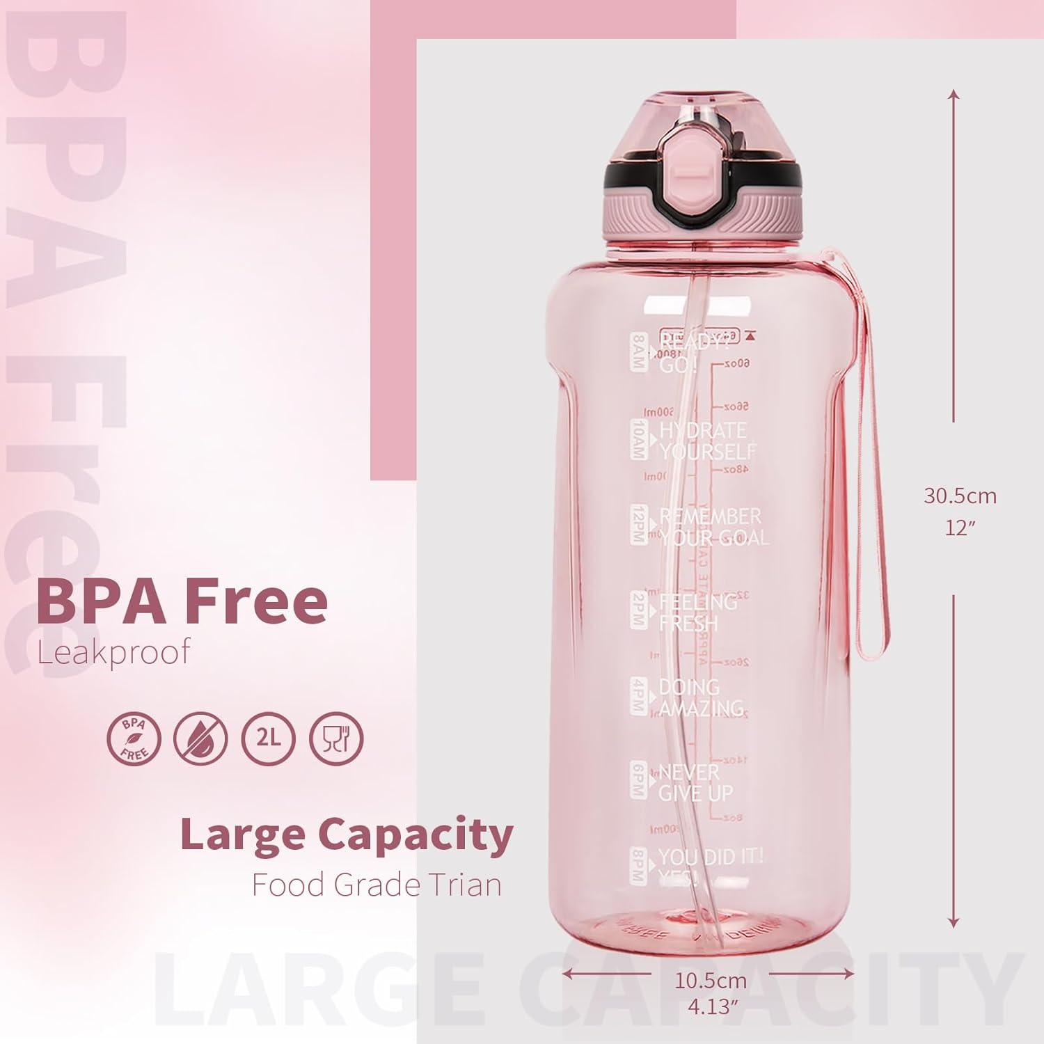 image2l 2 litres Tritan Sport Gourde Gradue avec Paille et Marqueur de Temps de Motivation 2000ml Grande Bouteille sans BPA eau pour Fitness Gym RandonneVoyageTransparent Rose