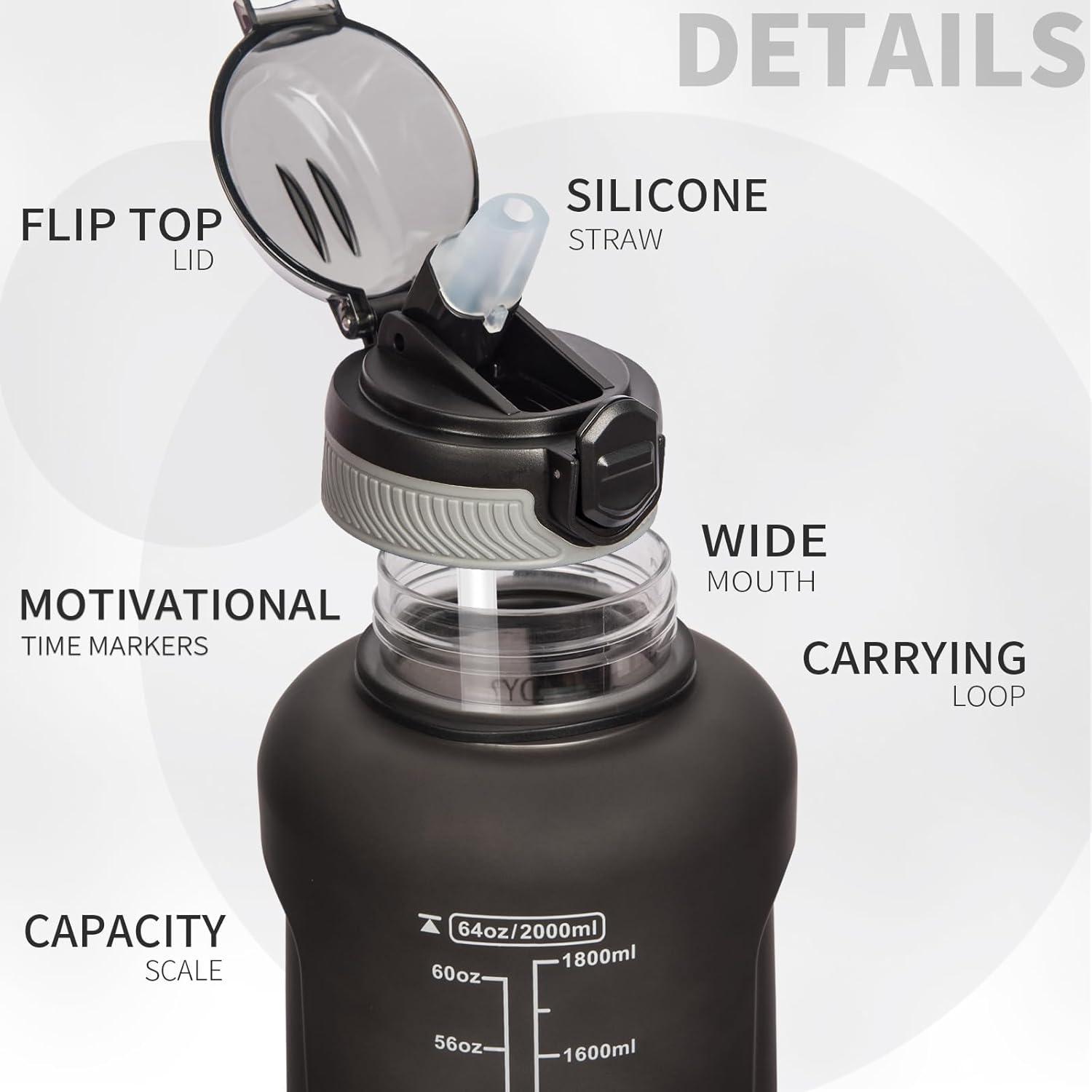 image2l 2 litres Tritan Sport Gourde Gradue avec Paille et Marqueur de Temps de Motivation 2000ml Grande Bouteille sans BPA eau pour Fitness Gym RandonneVoyageDgrad Noir Blanc