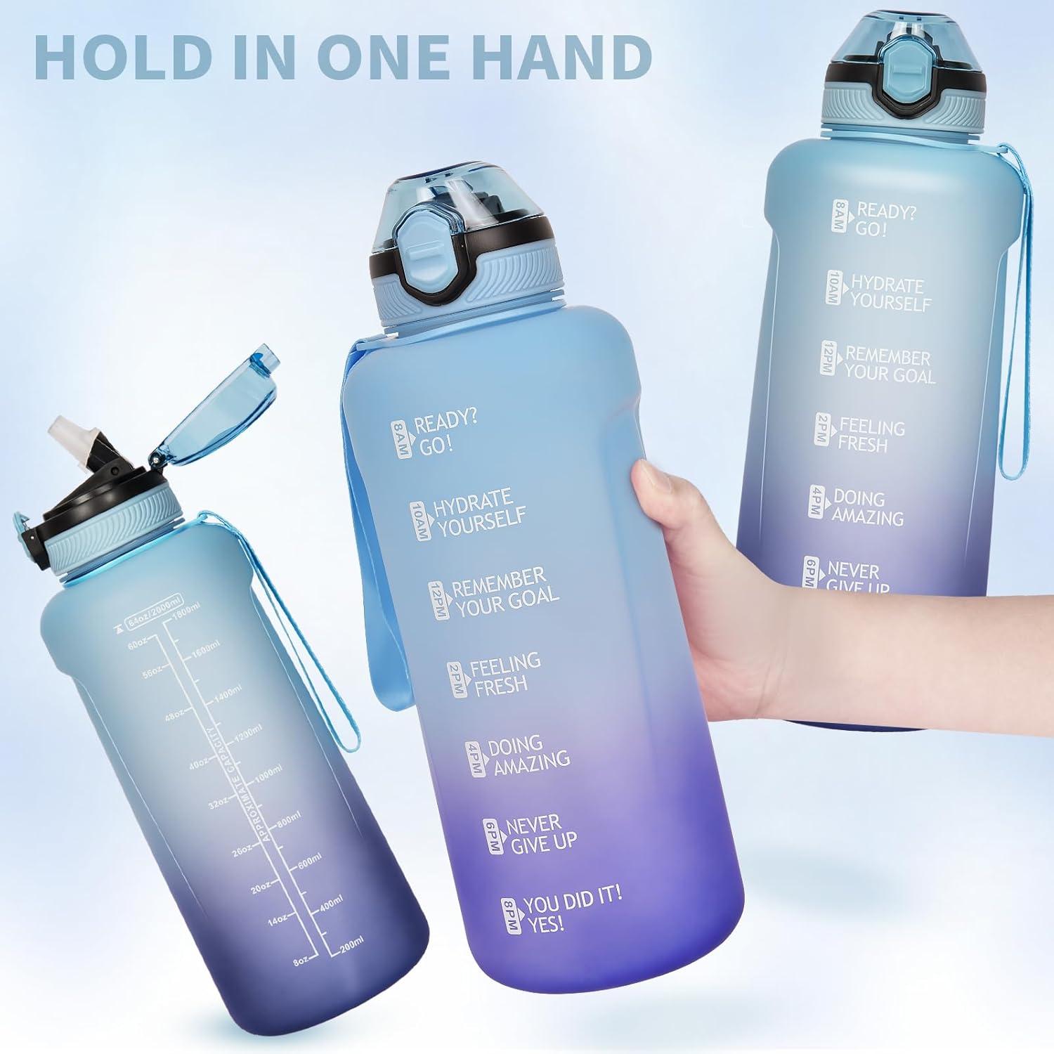 image2l 2 litres Tritan Sport Gourde Gradue avec Paille et Marqueur de Temps de Motivation 2000ml Grande Bouteille sans BPA eau pour Fitness Gym RandonneVoyageDgrad Bleu Violet Fonc