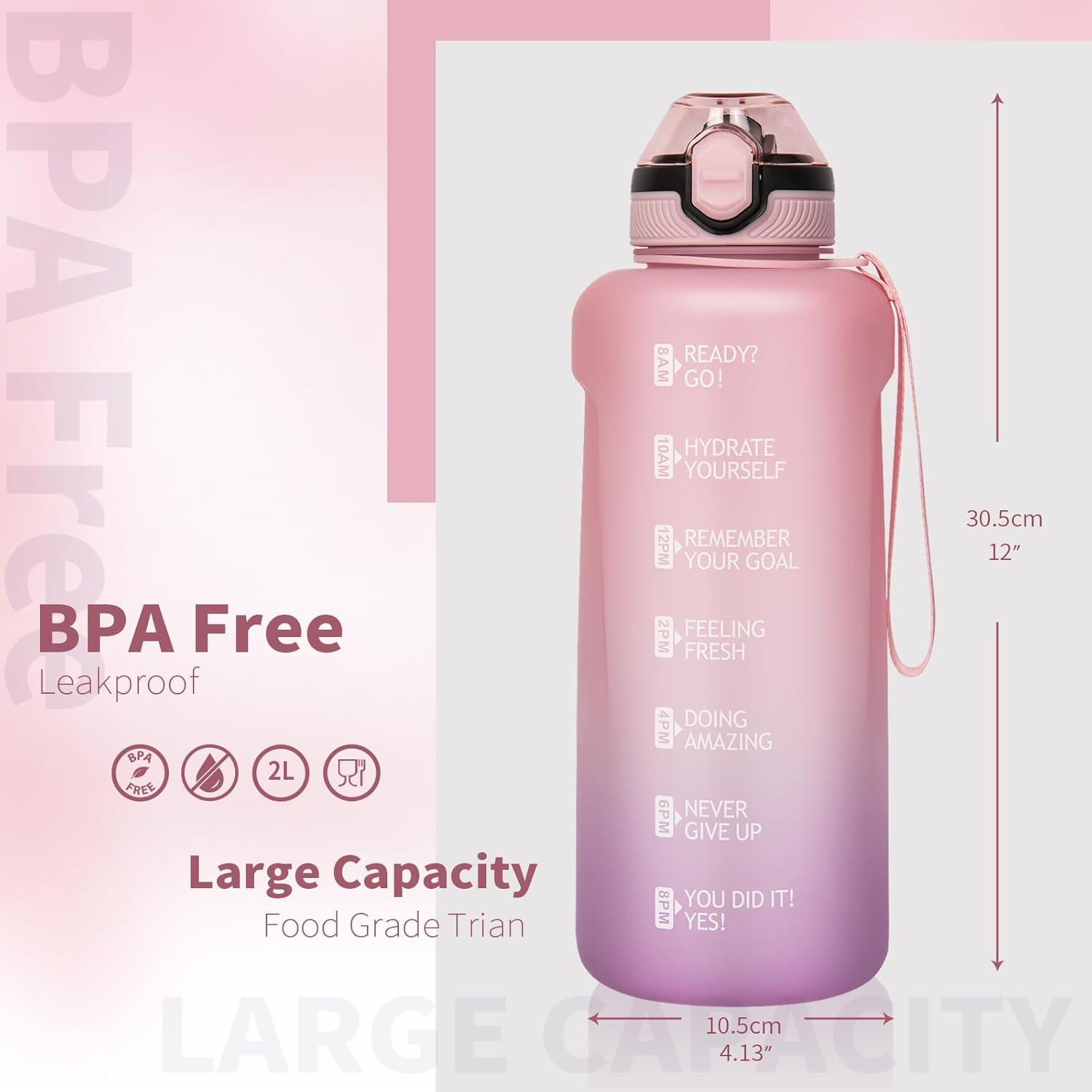 image2l 2 litres Tritan Sport Gourde Gradue avec Paille et Marqueur de Temps de Motivation 2000ml Grande Bouteille sans BPA eau pour Fitness Gym RandonneVoyageDgrad Rose Violet