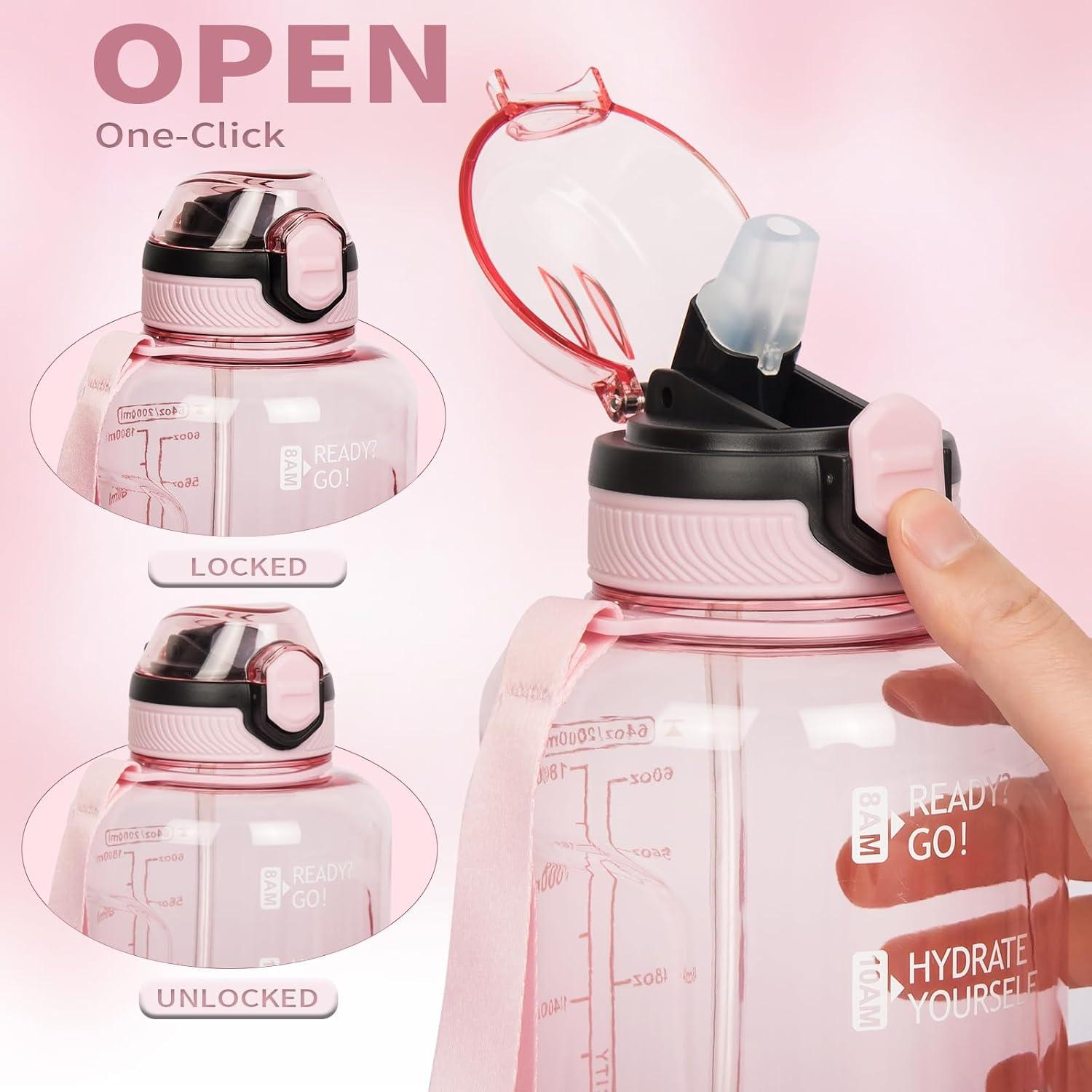 image2l 2 litres Tritan Sport Gourde Gradue avec Paille et Marqueur de Temps de Motivation 2000ml Grande Bouteille sans BPA eau pour Fitness Gym RandonneVoyageTransparent Rose