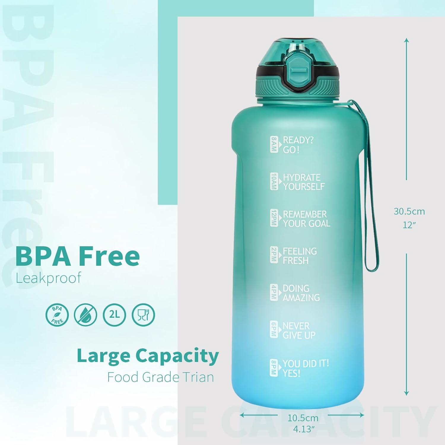 image2l 2 litres Tritan Sport Gourde Gradue avec Paille et Marqueur de Temps de Motivation 2000ml Grande Bouteille sans BPA eau pour Fitness Gym RandonneVoyageDgrad Vert Cyan