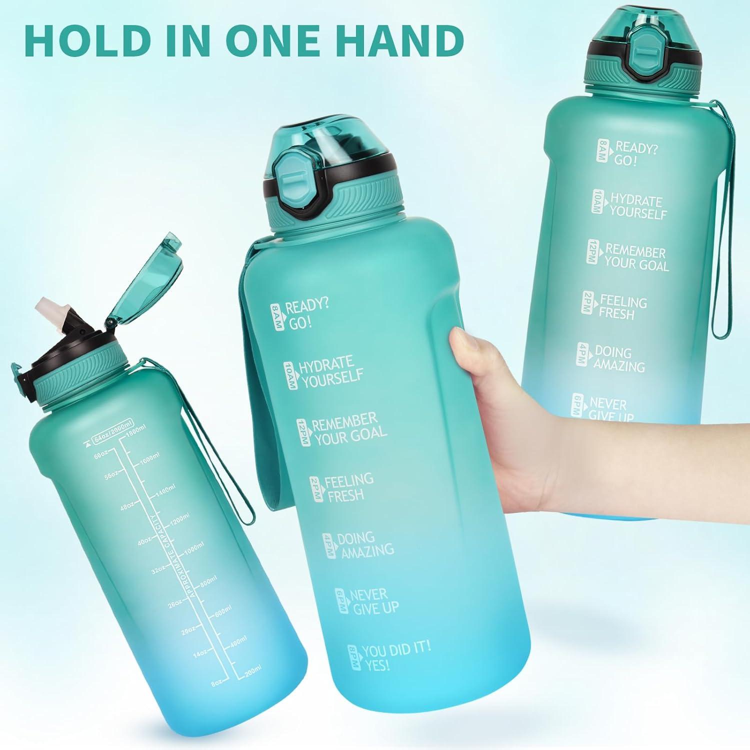 image2l 2 litres Tritan Sport Gourde Gradue avec Paille et Marqueur de Temps de Motivation 2000ml Grande Bouteille sans BPA eau pour Fitness Gym RandonneVoyageDgrad Vert Cyan