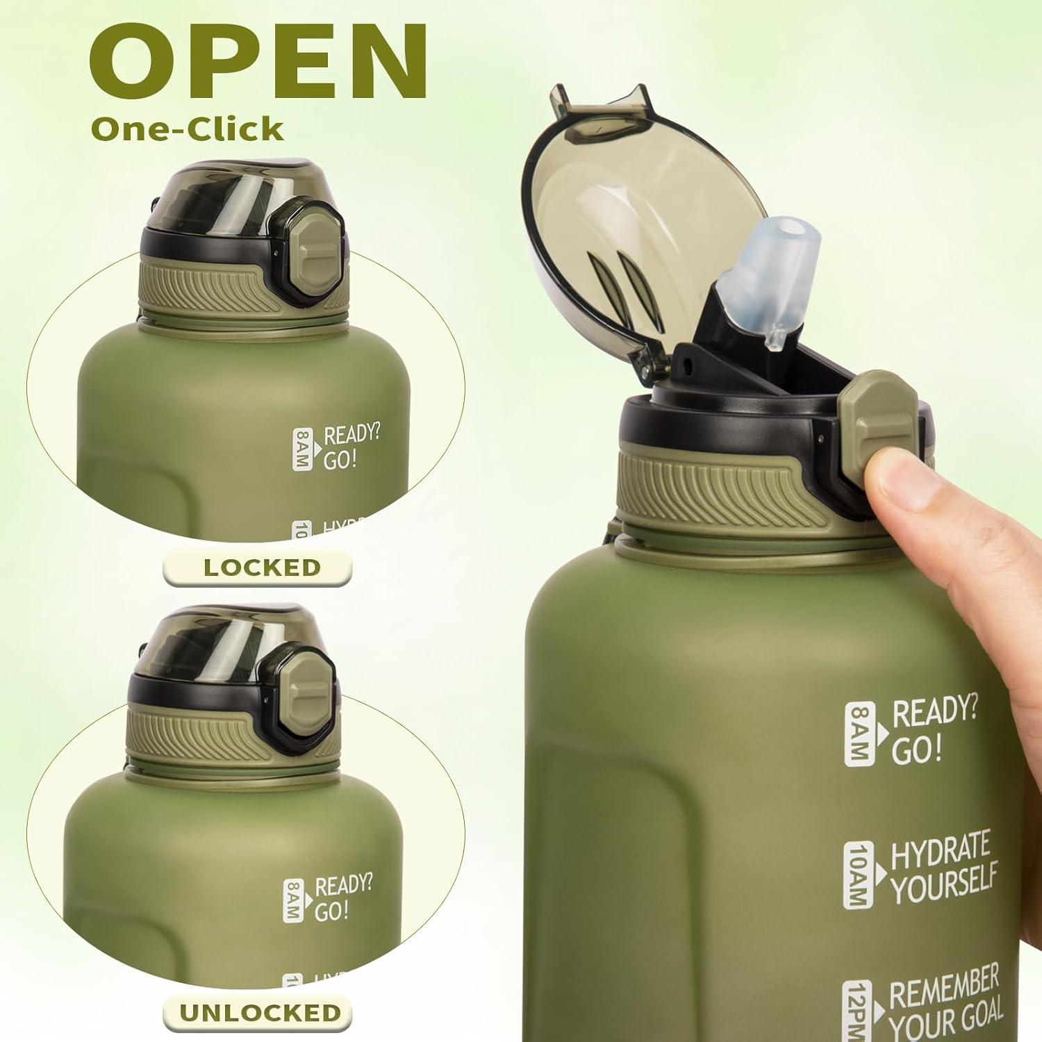 image2l 2 litres Tritan Sport Gourde Gradue avec Paille et Marqueur de Temps de Motivation 2000ml Grande Bouteille sans BPA eau pour Fitness Gym RandonneVoyageDgrad Olive Jaune