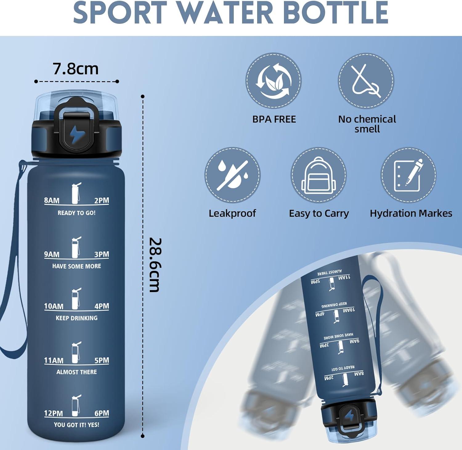 imageGourde 1000ML Sans BPA Gourde Motivation Avec Horodatage Bouteille Anti Fuite Conception de Verrouillage AntiFuite Bouteille plastique pour Yoga Aptitude Bleu marineBleu Marine1000ml