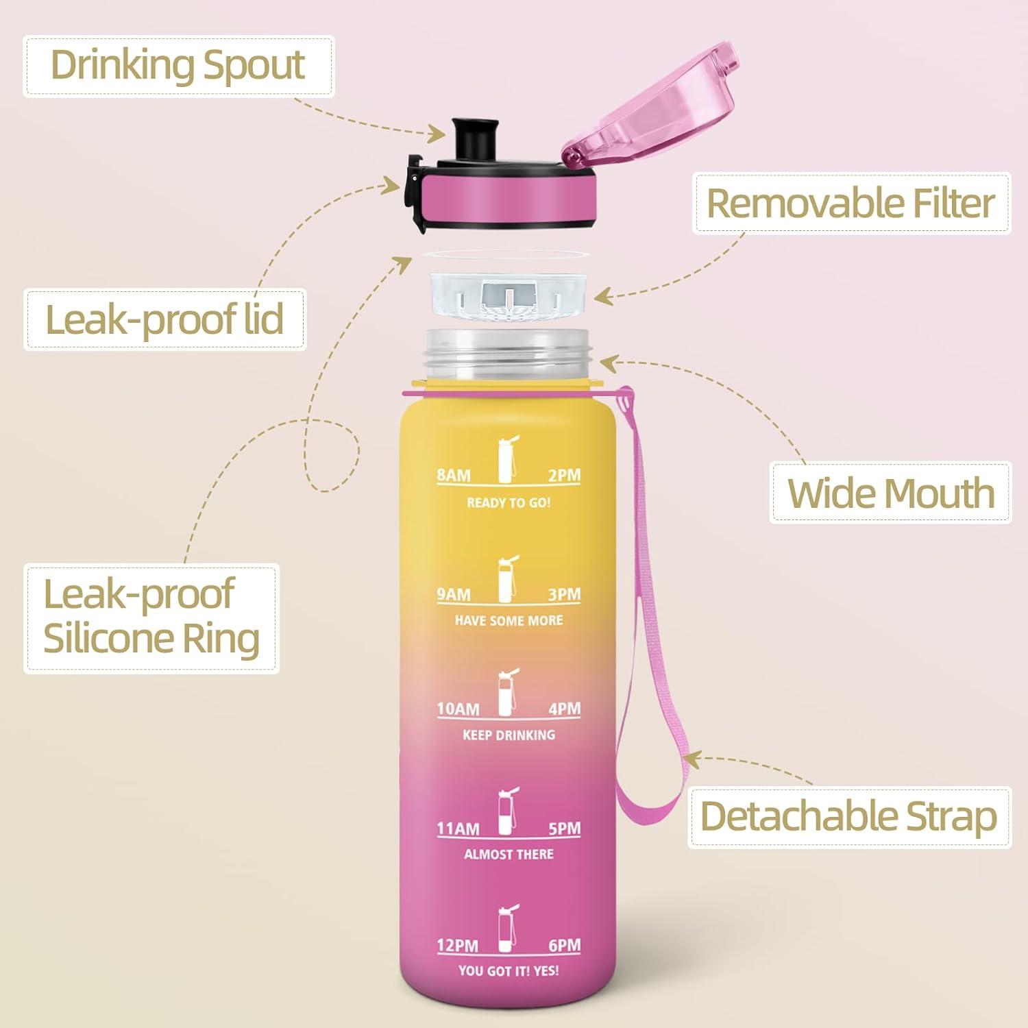 imageGourde 1000ML Sans BPA Gourde Motivation Avec Horodatage Bouteille Anti Fuite Conception de Verrouillage AntiFuite Bouteille plastique pour Yoga Aptitude Bleu marineJaunerose500ml