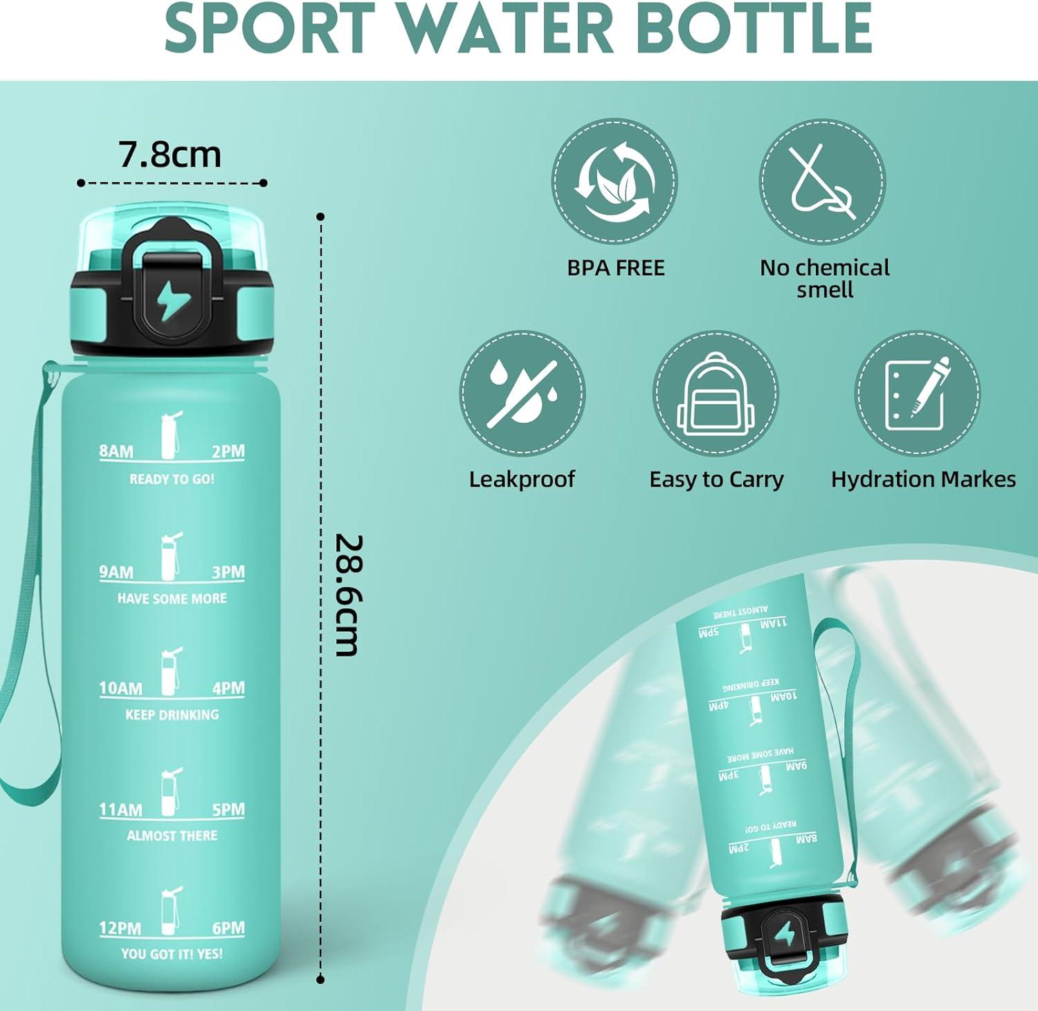 imageGourde 1000ML Sans BPA Gourde Motivation Avec Horodatage Bouteille Anti Fuite Conception de Verrouillage AntiFuite Bouteille plastique pour Yoga Aptitude Bleu marineBleuvert1000ml