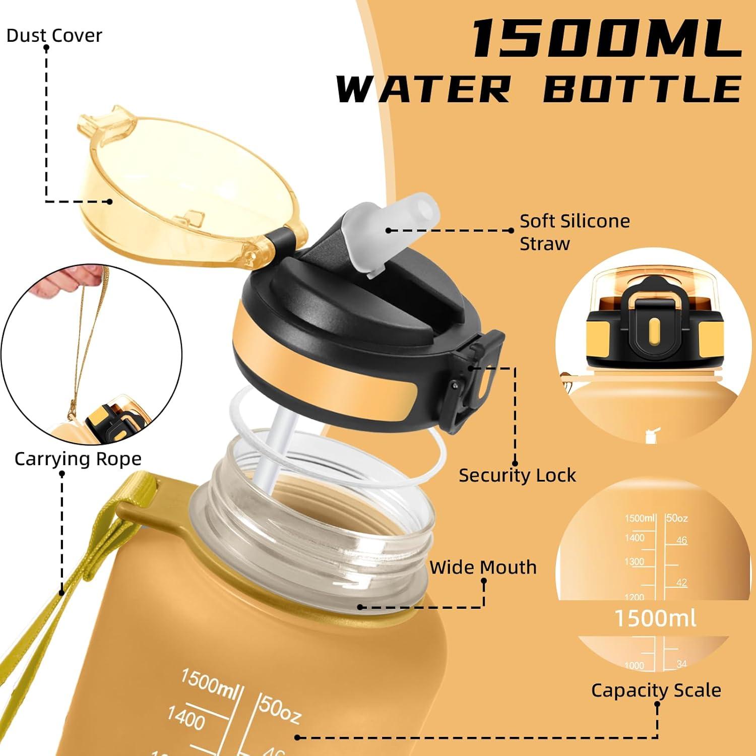 imageGourde 15l Gourde Sport Anti Fuite Bouteille Gradue pour 1 Journee Facile Nettoyer Bouteille Gradue avec Verrou de Scurit avec Slogan de Motivation pour Sports Camping RandonneJauneorange