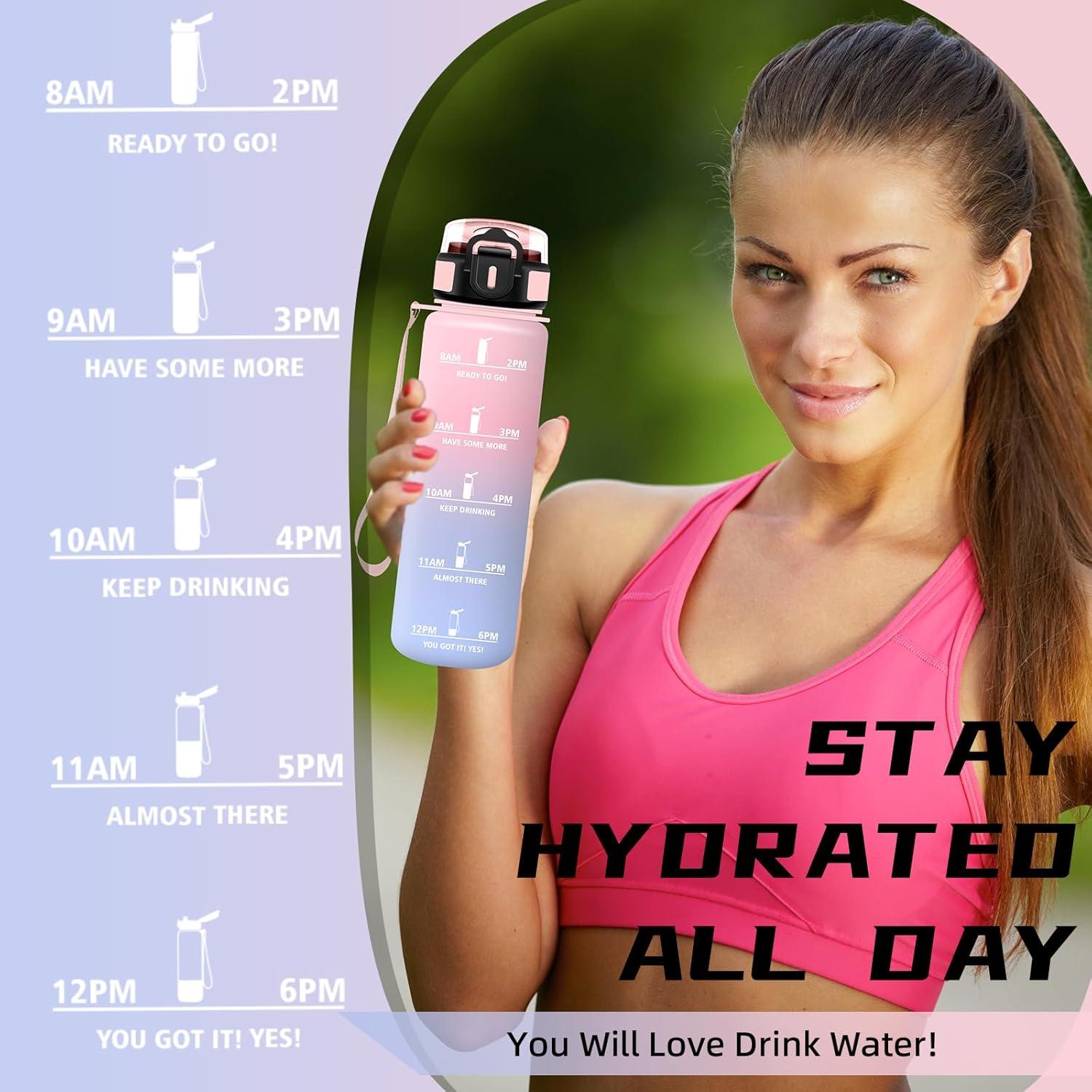 imageGourde 15l Gourde Sport Anti Fuite Bouteille Gradue pour 1 Journee Facile Nettoyer Bouteille Gradue avec Verrou de Scurit avec Slogan de Motivation pour Sports Camping RandonneRosebleu