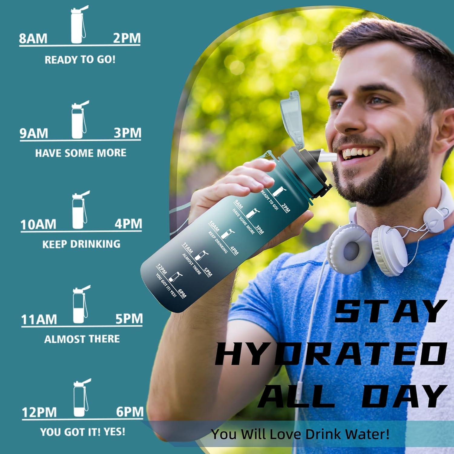 imageGourde 15l Gourde Sport Anti Fuite Bouteille Gradue pour 1 Journee Facile Nettoyer Bouteille Gradue avec Verrou de Scurit avec Slogan de Motivation pour Sports Camping RandonneVertgris