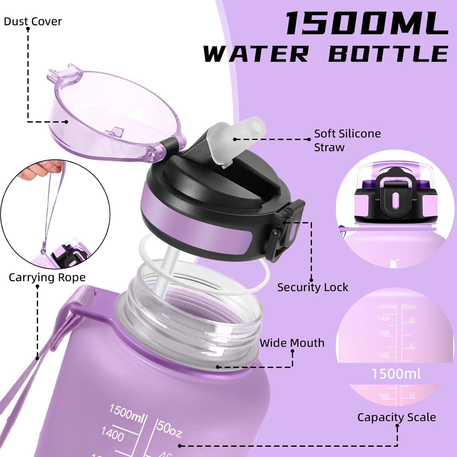 imageGourde 15l Gourde Sport Anti Fuite Bouteille Gradue pour 1 Journee Facile Nettoyer Bouteille Gradue avec Verrou de Scurit avec Slogan de Motivation pour Sports Camping RandonneVioletrose