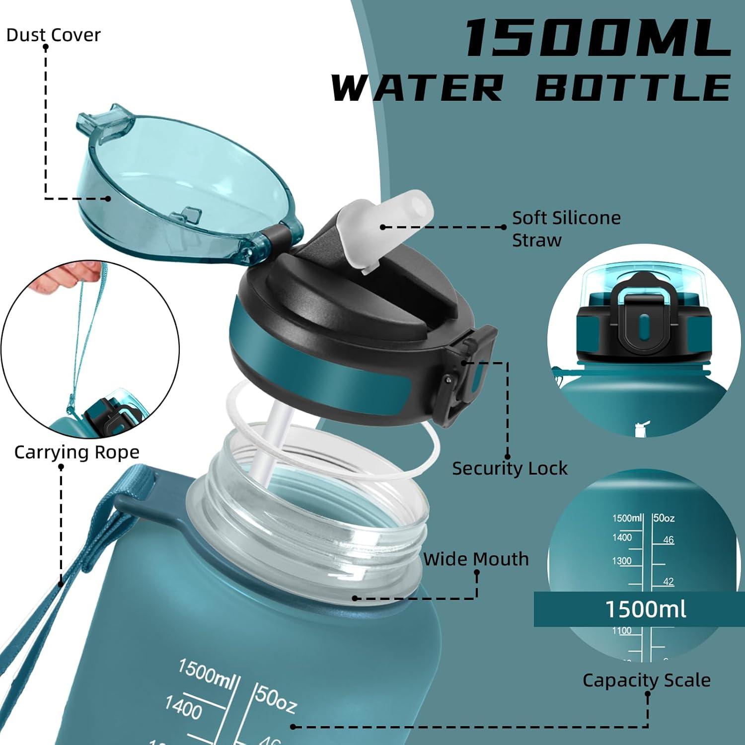 imageGourde 15l Gourde Sport Anti Fuite Bouteille Gradue pour 1 Journee Facile Nettoyer Bouteille Gradue avec Verrou de Scurit avec Slogan de Motivation pour Sports Camping RandonneVertgris