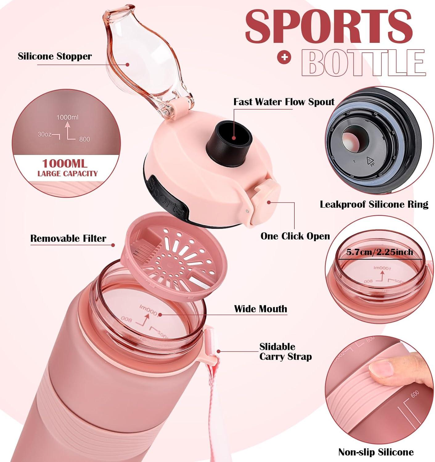 imageGourde 1l sans BPA Bouteille deau plastique grande tanche gourde sport 1 litre idale pour Gym School Office and Travel Bleu fonc clairRosedor Rose