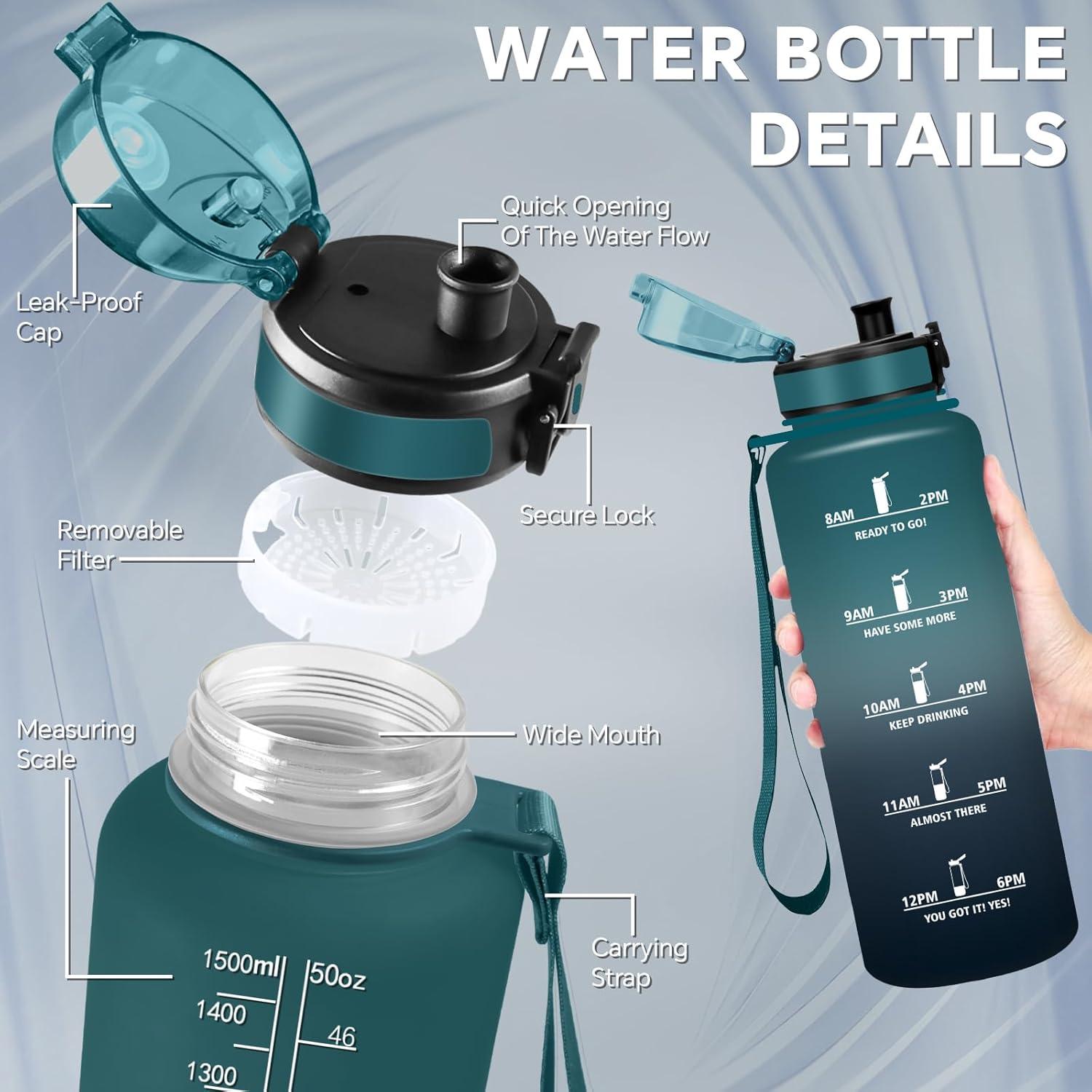 imageGourde Gourde 500ml Bouteille Filtrante AntiFuite Facile Transporter Bouteille deau pour Motivation Facile Nettoyer pour Bureau Voyage Extrieur Adulte Camping Voyage Sport RunningVertgris
