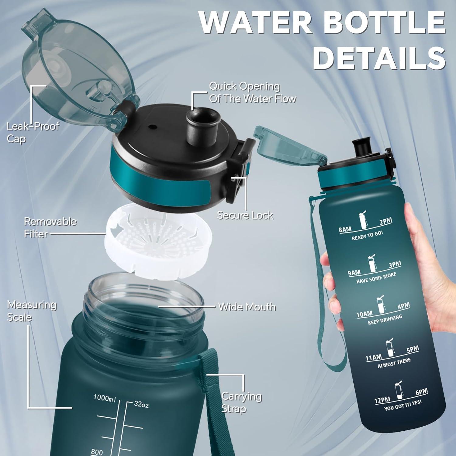 imageGourde Gourde 500ml Bouteille Filtrante AntiFuite Facile Transporter Bouteille deau pour Motivation Facile Nettoyer pour Bureau Voyage Extrieur Adulte Camping Voyage Sport RunningVertgris