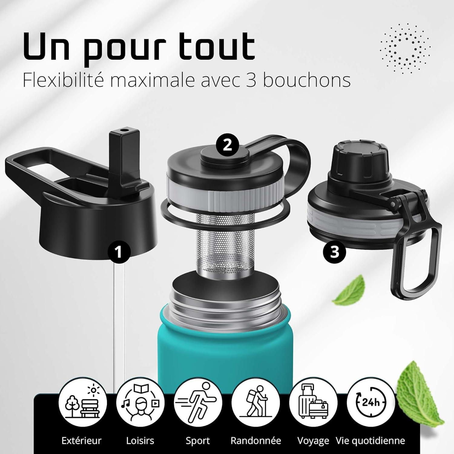 imageGourde Inox Isotherme ACTIVE FLASK 1l500ml sans BPA Paille 3 Bouchons Bouteille deau Acier Inoxydable Isole Thermos Rutilisable Camping Velo Sport Running Randonne Enfant Caf TheAquatic Cyan