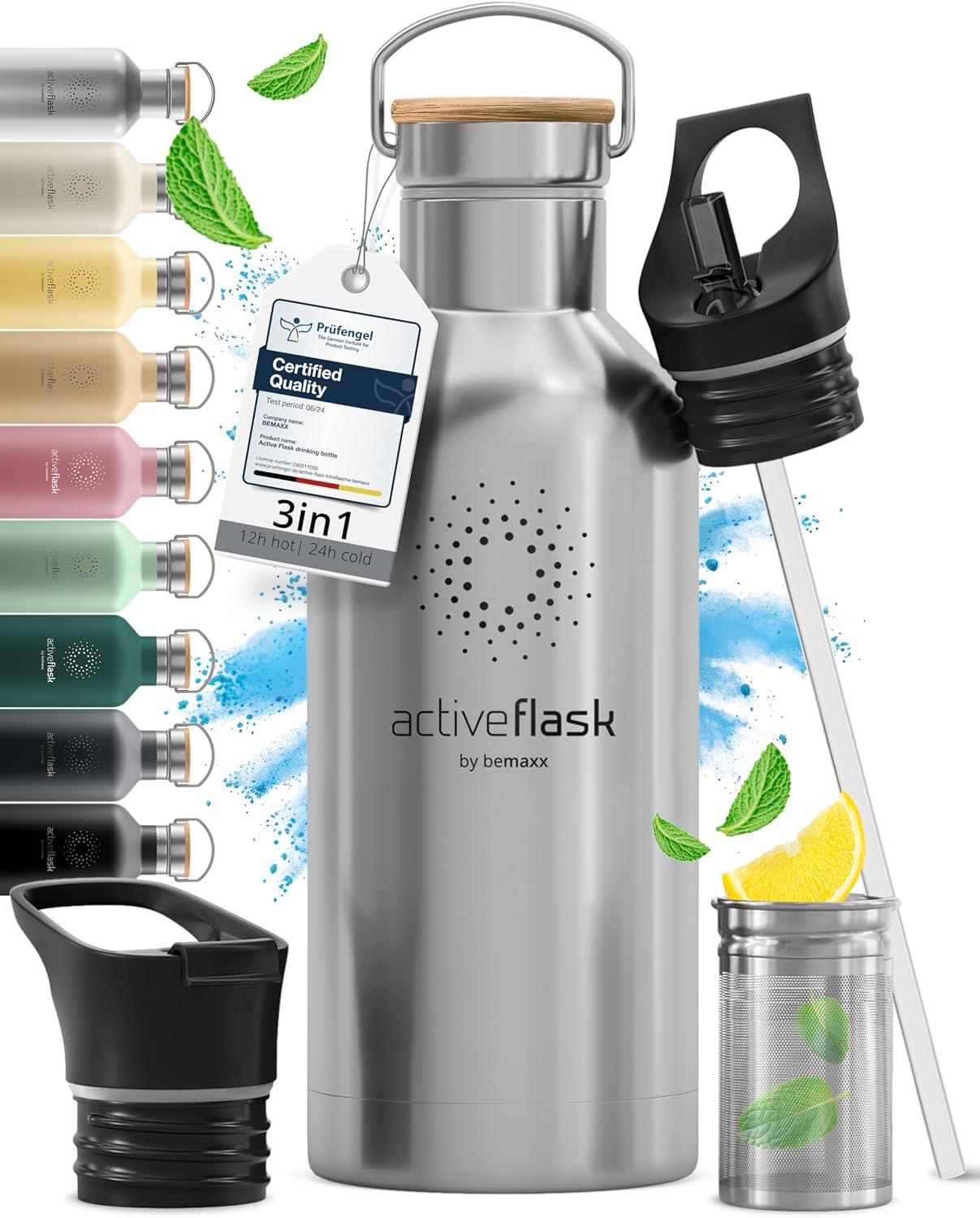 imageGourde Inox Isotherme ACTIVE FLASK 1l500ml sans BPA Paille 3 Bouchons Bouteille deau Acier Inoxydable Isole Thermos Rutilisable Camping Velo Sport Running Randonne Enfant Caf TheClassic Stainless Bamboo