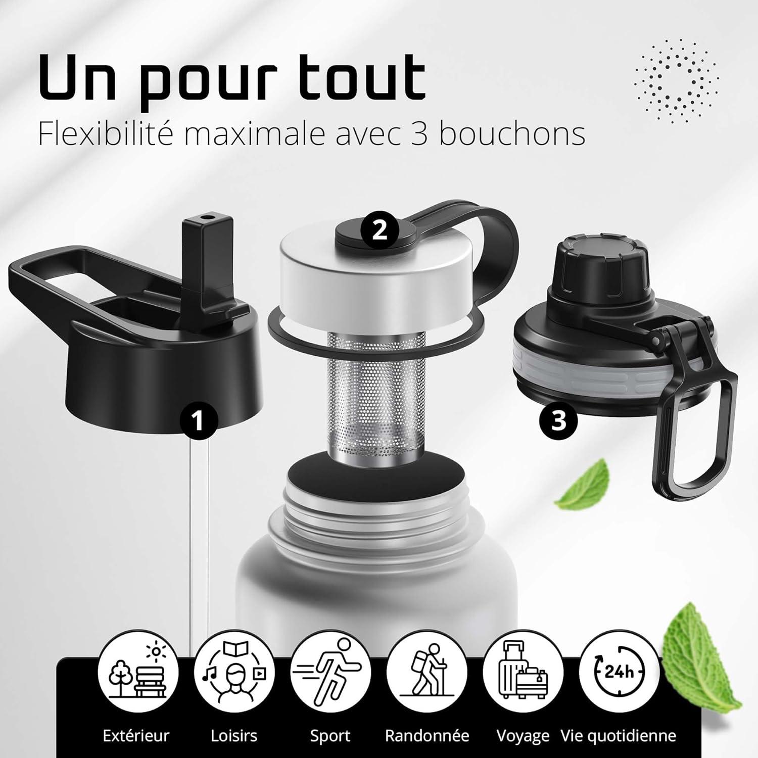 imageGourde Inox Isotherme ACTIVE FLASK 1l500ml sans BPA Paille 3 Bouchons Bouteille deau Acier Inoxydable Isole Thermos Rutilisable Camping Velo Sport Running Randonne Enfant Caf TheClassic Stainless
