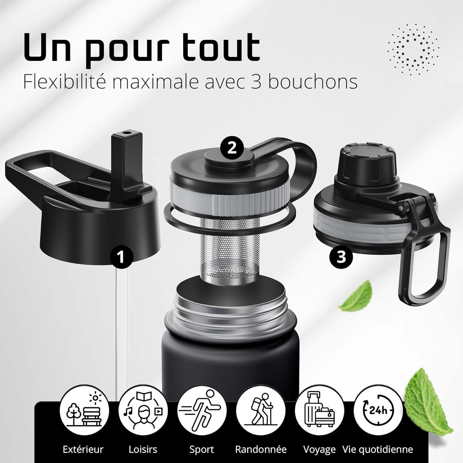 imageGourde Inox Isotherme ACTIVE FLASK 1l500ml sans BPA Paille 3 Bouchons Bouteille deau Acier Inoxydable Isole Thermos Rutilisable Camping Velo Sport Running Randonne Enfant Caf TheSolid Black