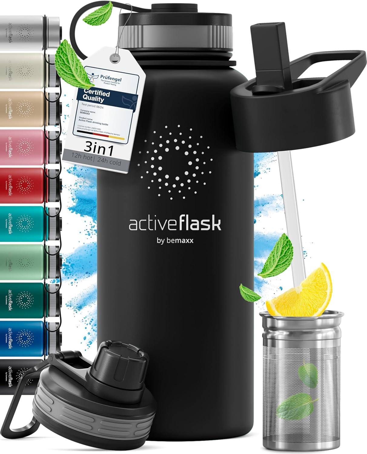 imageGourde Inox Isotherme ACTIVE FLASK 1l500ml sans BPA Paille 3 Bouchons Bouteille deau Acier Inoxydable Isole Thermos Rutilisable Camping Velo Sport Running Randonne Enfant Caf TheSolid Black