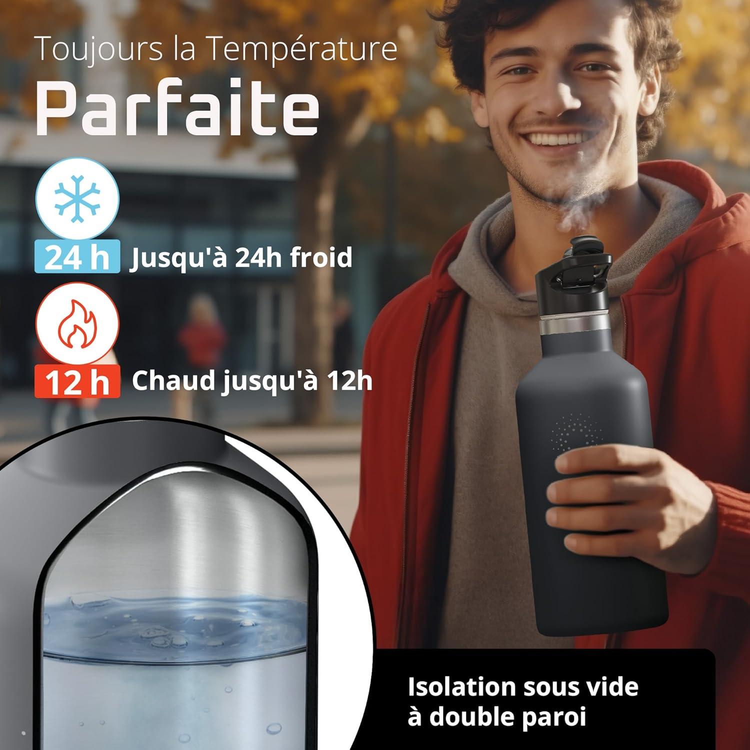 imageGourde Inox Isotherme ACTIVE FLASK 1l500ml sans BPA Paille 3 Bouchons Bouteille deau Acier Inoxydable Isole Thermos Rutilisable Camping Velo Sport Running Randonne Enfant Caf TheCool Grey Bamboo