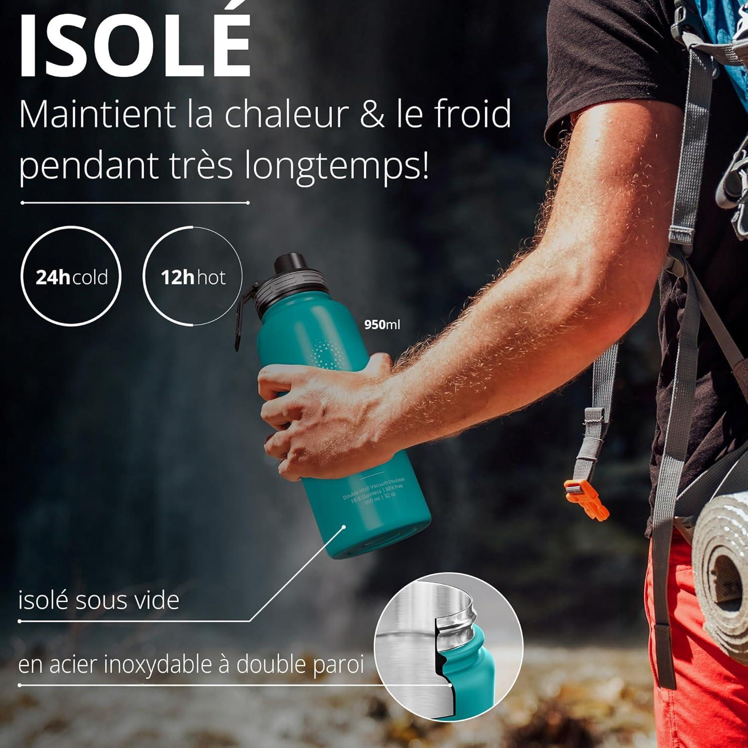 imageGourde Inox Isotherme ACTIVE FLASK 1l500ml sans BPA Paille 3 Bouchons Bouteille deau Acier Inoxydable Isole Thermos Rutilisable Camping Velo Sport Running Randonne Enfant Caf TheAquatic Cyan