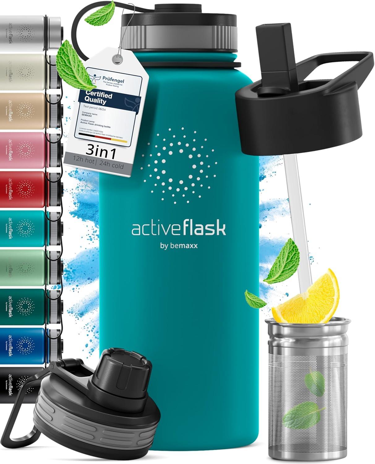 imageGourde Inox Isotherme ACTIVE FLASK 1l500ml sans BPA Paille 3 Bouchons Bouteille deau Acier Inoxydable Isole Thermos Rutilisable Camping Velo Sport Running Randonne Enfant Caf TheAquatic Cyan