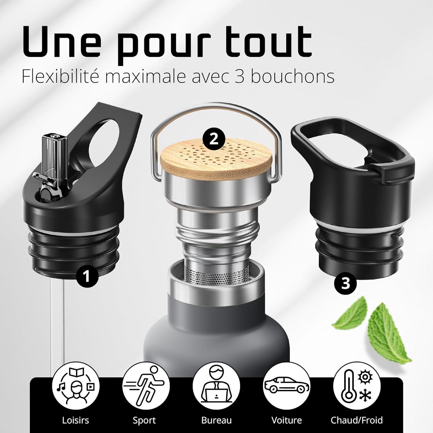 imageGourde Inox Isotherme ACTIVE FLASK 1l500ml sans BPA Paille 3 Bouchons Bouteille deau Acier Inoxydable Isole Thermos Rutilisable Camping Velo Sport Running Randonne Enfant Caf TheCool Grey Bamboo