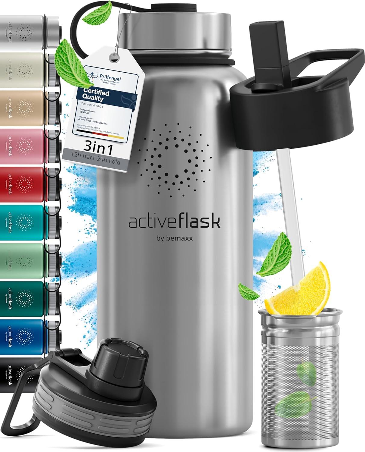 imageGourde Inox Isotherme ACTIVE FLASK 1l500ml sans BPA Paille 3 Bouchons Bouteille deau Acier Inoxydable Isole Thermos Rutilisable Camping Velo Sport Running Randonne Enfant Caf TheClassic Stainless