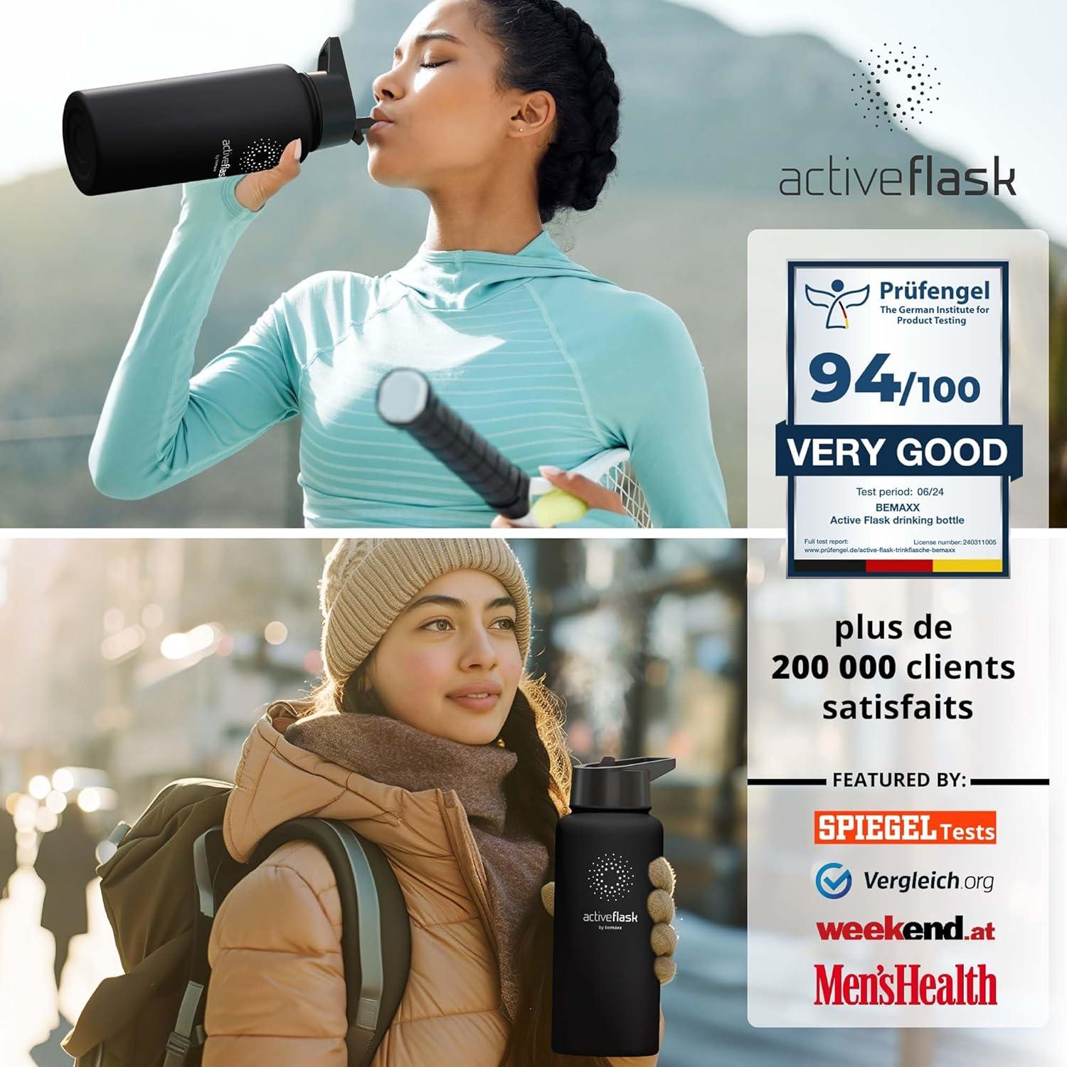 imageGourde Inox Isotherme ACTIVE FLASK 1l500ml sans BPA Paille 3 Bouchons Bouteille deau Acier Inoxydable Isole Thermos Rutilisable Camping Velo Sport Running Randonne Enfant Caf TheSolid Black