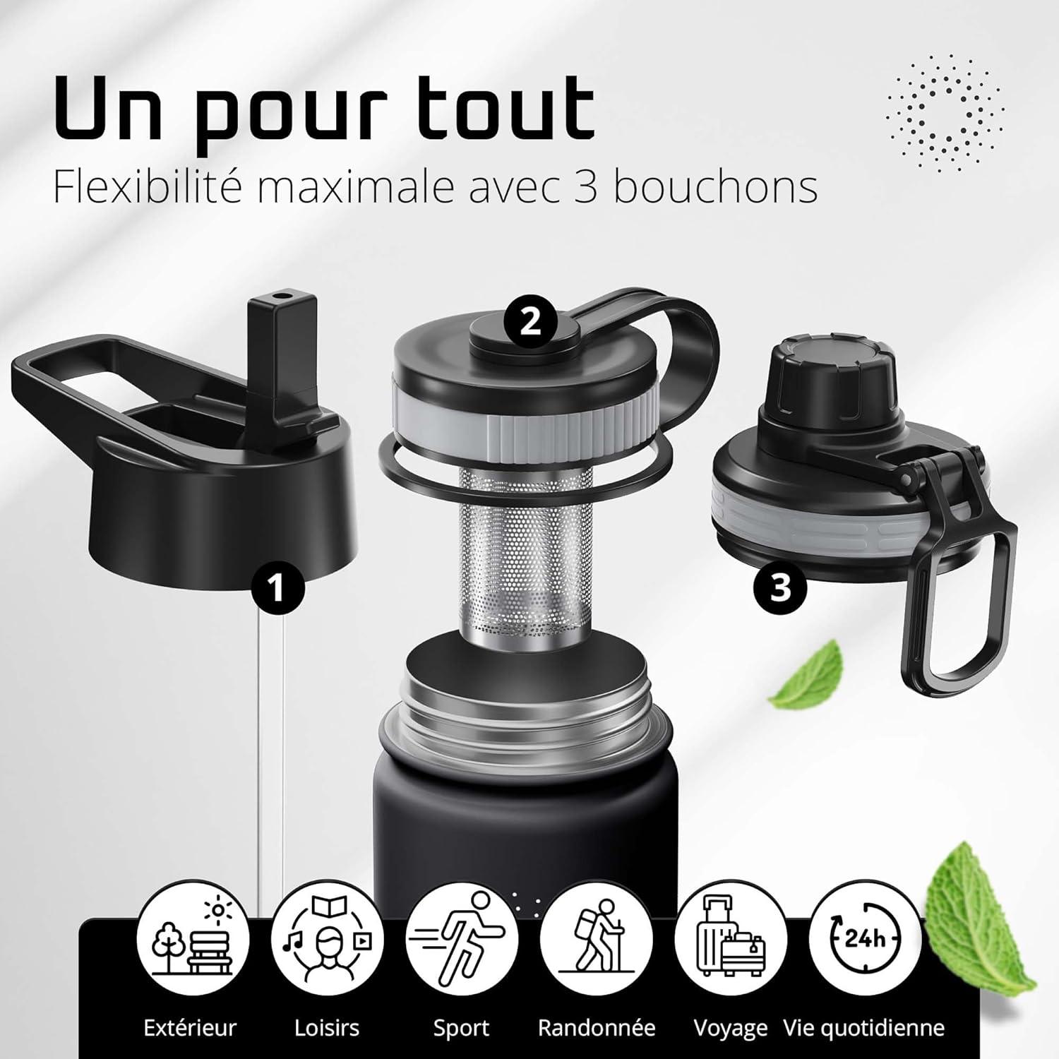 imageGourde Inox Isotherme ACTIVE FLASK 1l500ml sans BPA Paille 3 Bouchons Bouteille deau Acier Inoxydable Isole Thermos Rutilisable Camping Velo Sport Running Randonne Enfant Caf TheSolid Black