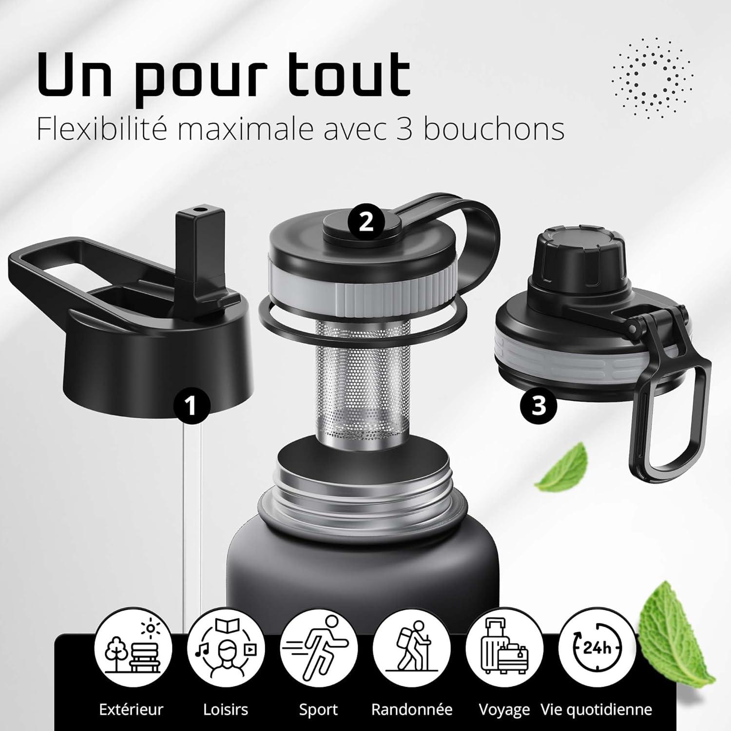 imageGourde Inox Isotherme ACTIVE FLASK 1l500ml sans BPA Paille 3 Bouchons Bouteille deau Acier Inoxydable Isole Thermos Rutilisable Camping Velo Sport Running Randonne Enfant Caf TheSolid Black