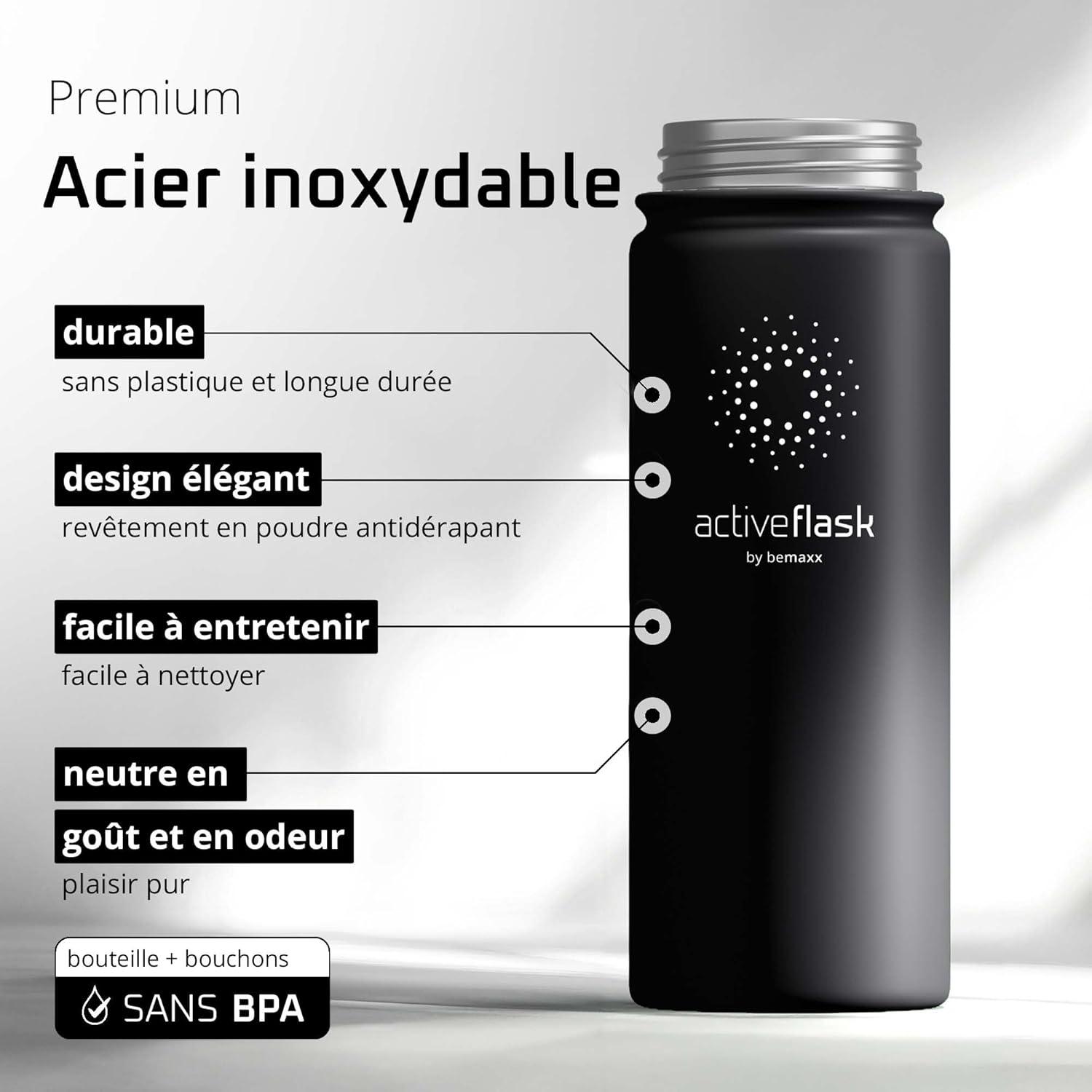 imageGourde Inox Isotherme ACTIVE FLASK 1l500ml sans BPA Paille 3 Bouchons Bouteille deau Acier Inoxydable Isole Thermos Rutilisable Camping Velo Sport Running Randonne Enfant Caf TheSolid Black