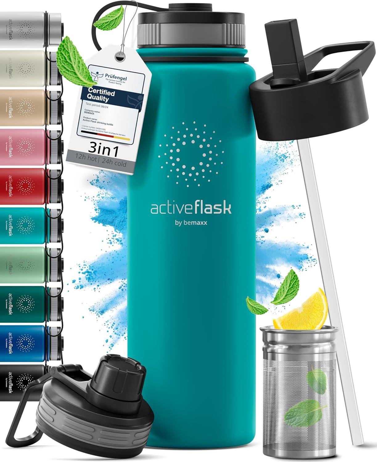 imageGourde Inox Isotherme ACTIVE FLASK 1l500ml sans BPA Paille 3 Bouchons Bouteille deau Acier Inoxydable Isole Thermos Rutilisable Camping Velo Sport Running Randonne Enfant Caf TheAquatic Cyan