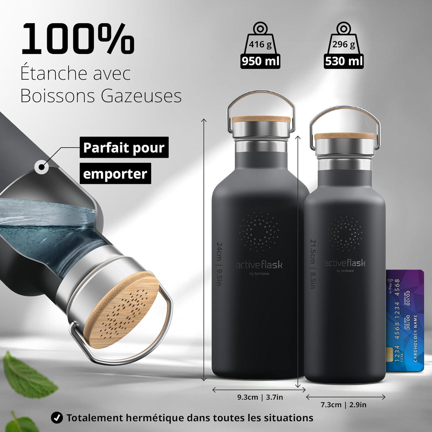 imageGourde Inox Isotherme ACTIVE FLASK 1l500ml sans BPA Paille 3 Bouchons Bouteille deau Acier Inoxydable Isole Thermos Rutilisable Camping Velo Sport Running Randonne Enfant Caf TheCool Grey Bamboo