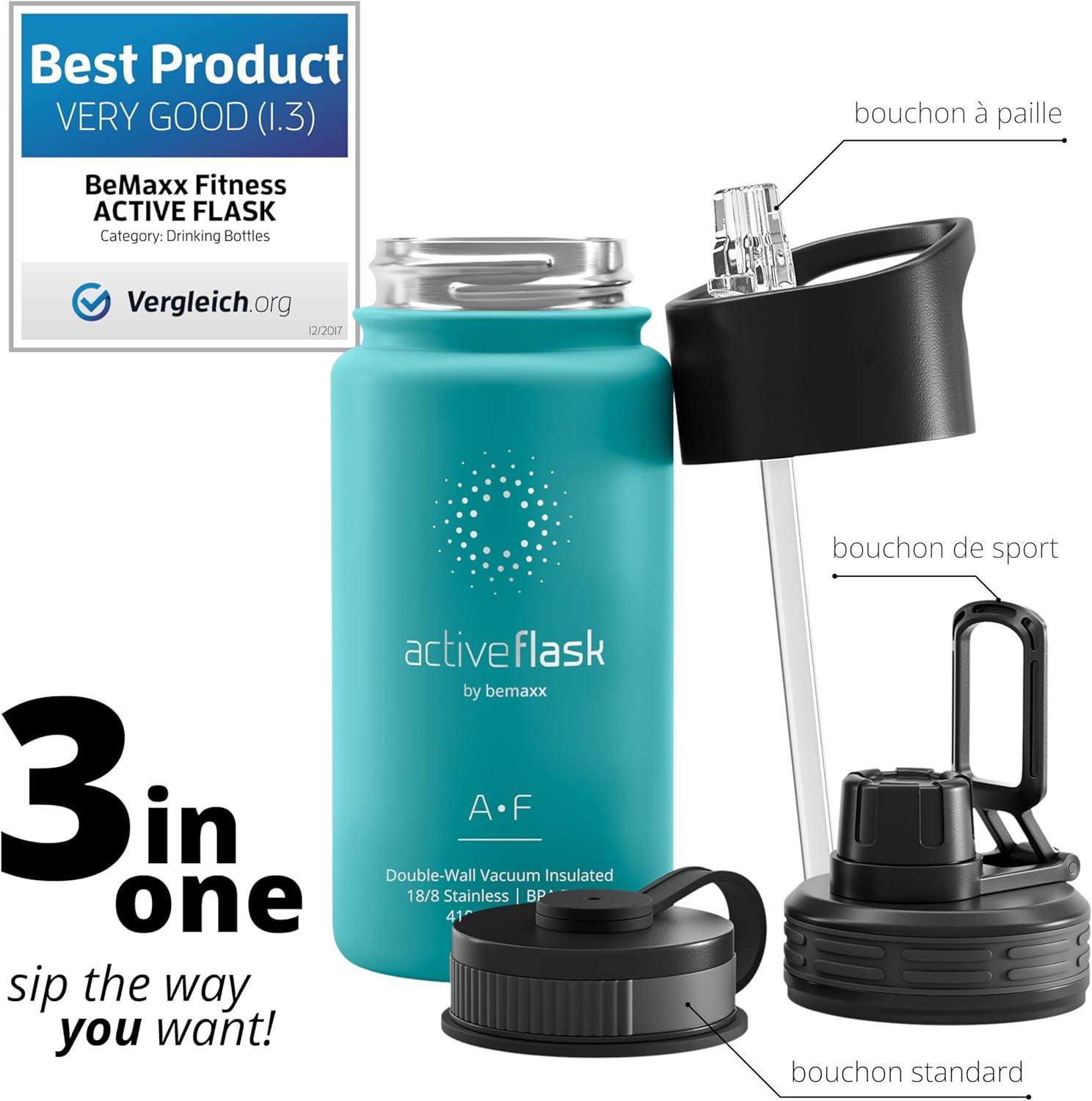 imageGourde Inox Isotherme ACTIVE FLASK 1l500ml sans BPA Paille 3 Bouchons Bouteille deau Acier Inoxydable Isole Thermos Rutilisable Camping Velo Sport Running Randonne Enfant Caf TheAquatic Cyan