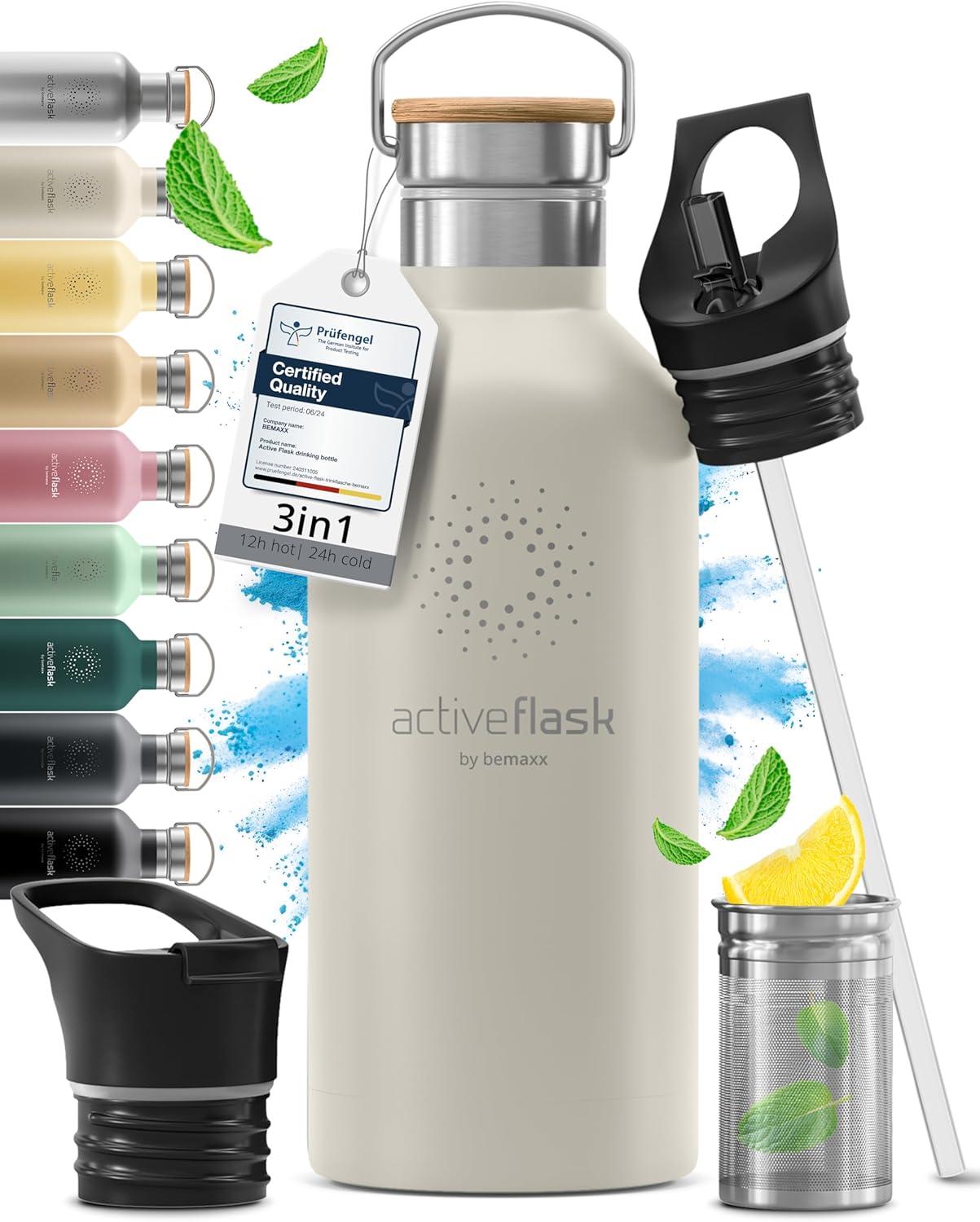 imageGourde Inox Isotherme ACTIVE FLASK 1l500ml sans BPA Paille 3 Bouchons Bouteille deau Acier Inoxydable Isole Thermos Rutilisable Camping Velo Sport Running Randonne Enfant Caf TheCream White Bamboo