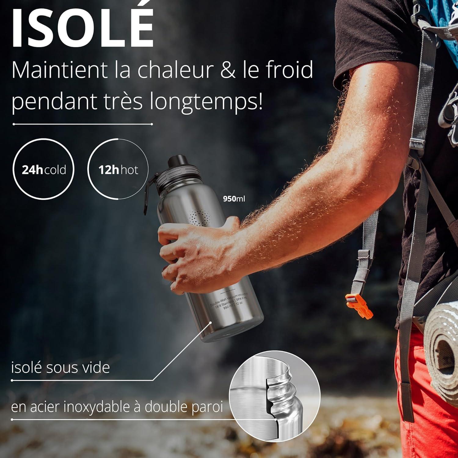 imageGourde Inox Isotherme ACTIVE FLASK 1l500ml sans BPA Paille 3 Bouchons Bouteille deau Acier Inoxydable Isole Thermos Rutilisable Camping Velo Sport Running Randonne Enfant Caf TheClassic Stainless