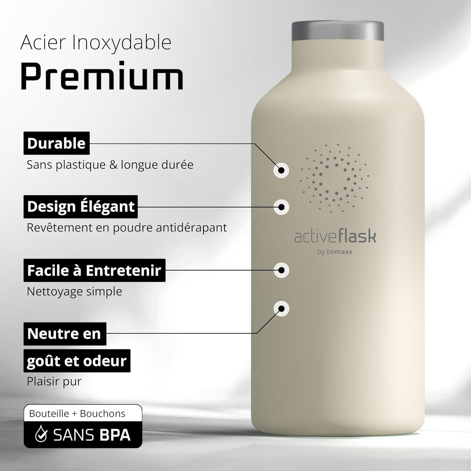 imageGourde Inox Isotherme ACTIVE FLASK 1l500ml sans BPA Paille 3 Bouchons Bouteille deau Acier Inoxydable Isole Thermos Rutilisable Camping Velo Sport Running Randonne Enfant Caf TheCream White Bamboo