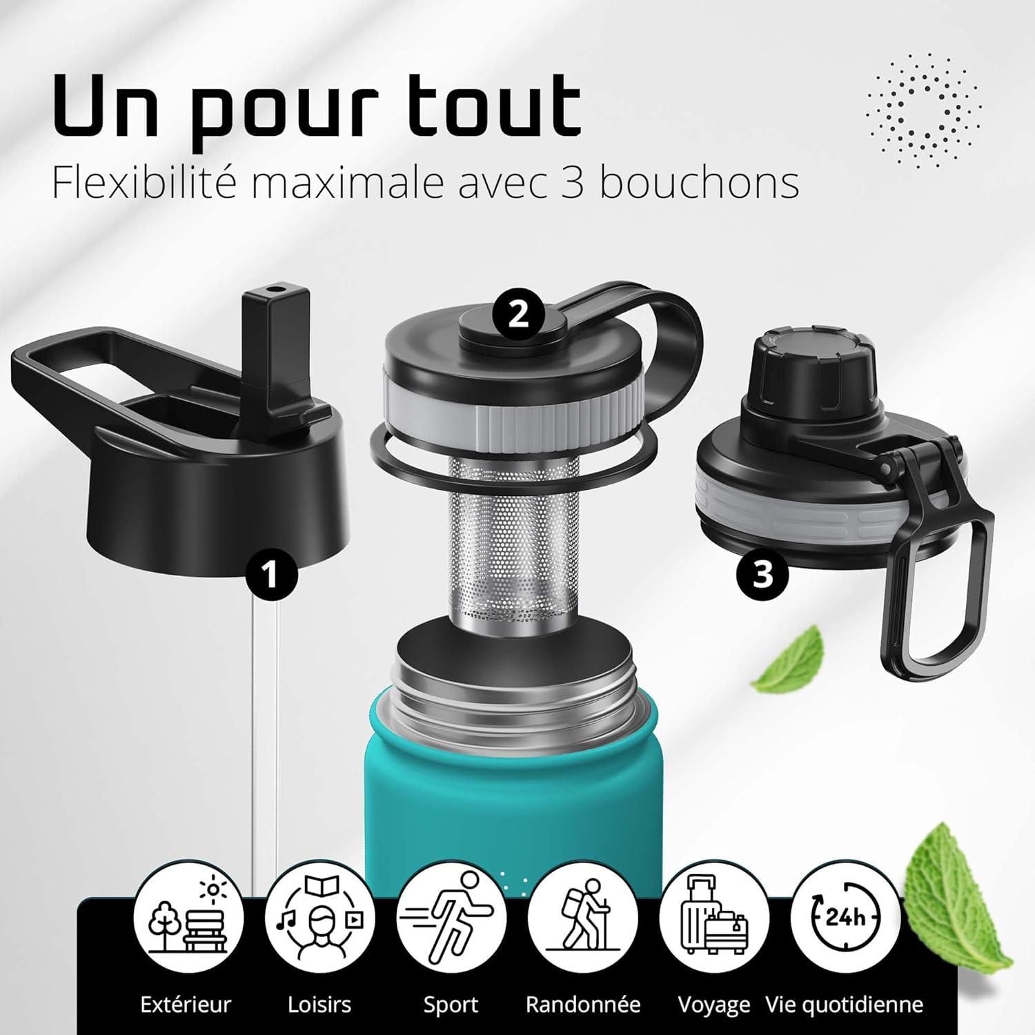 imageGourde Inox Isotherme ACTIVE FLASK 1l500ml sans BPA Paille 3 Bouchons Bouteille deau Acier Inoxydable Isole Thermos Rutilisable Camping Velo Sport Running Randonne Enfant Caf TheAquatic Cyan