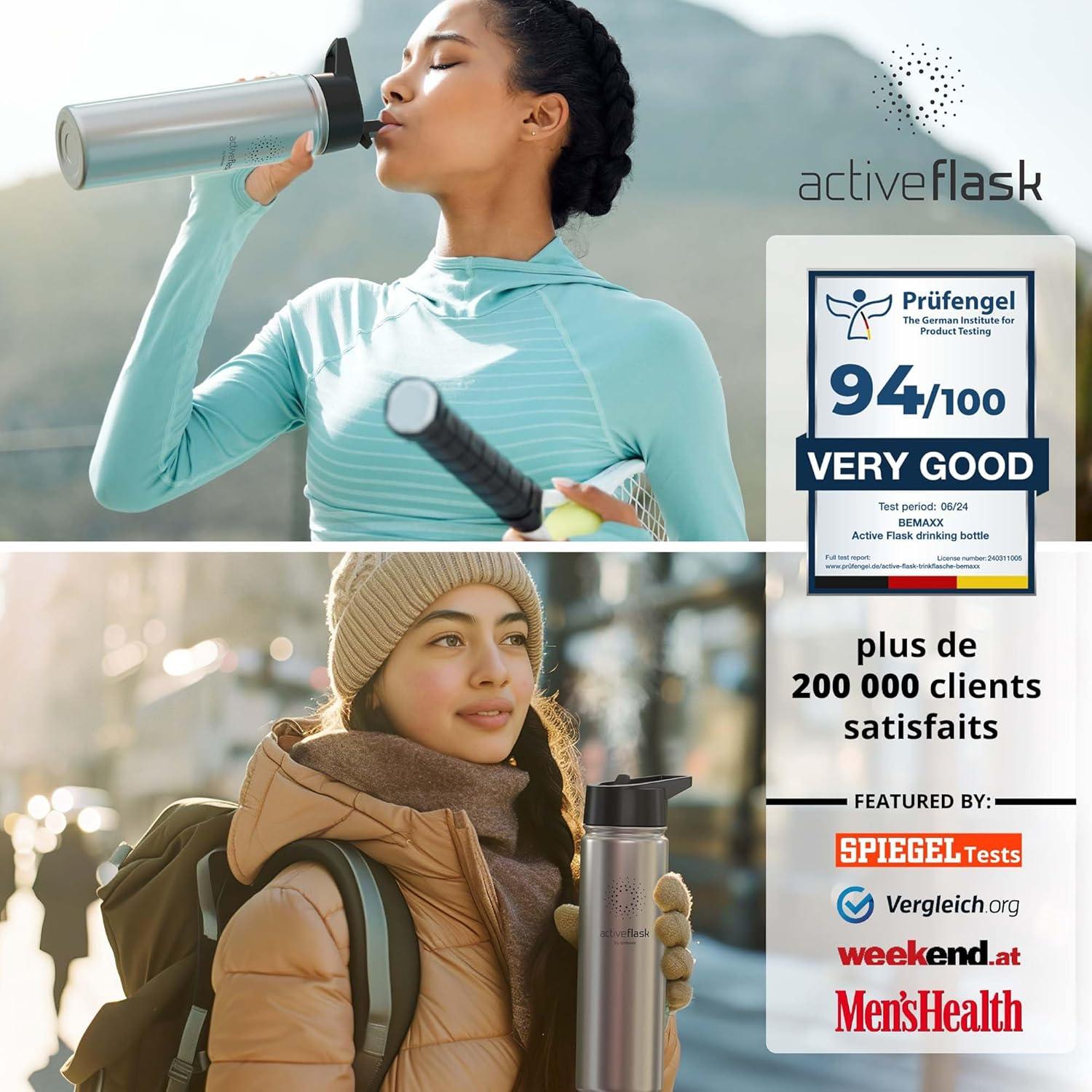 imageGourde Inox Isotherme ACTIVE FLASK 1l500ml sans BPA Paille 3 Bouchons Bouteille deau Acier Inoxydable Isole Thermos Rutilisable Camping Velo Sport Running Randonne Enfant Caf TheClassic Stainless