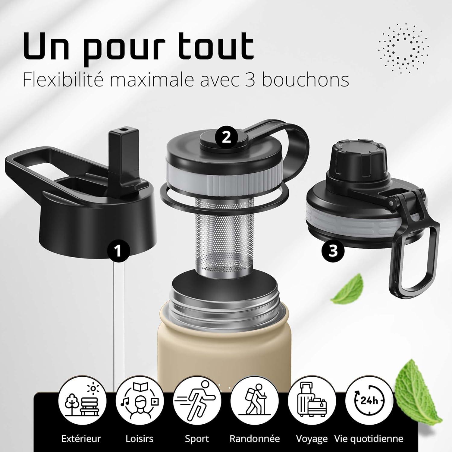 imageGourde Inox Isotherme ACTIVE FLASK 1l500ml sans BPA Paille 3 Bouchons Bouteille deau Acier Inoxydable Isole Thermos Rutilisable Camping Velo Sport Running Randonne Enfant Caf TheBeige