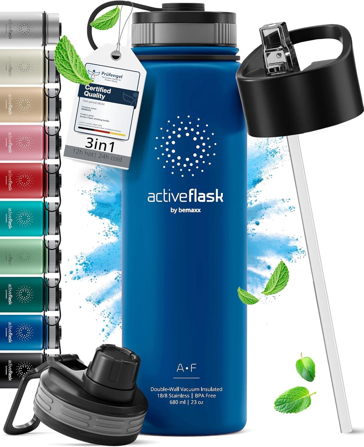 imageGourde Inox Isotherme ACTIVE FLASK 1l500ml sans BPA Paille 3 Bouchons Bouteille deau Acier Inoxydable Isole Thermos Rutilisable Camping Velo Sport Running Randonne Enfant Caf TheMarine Blue