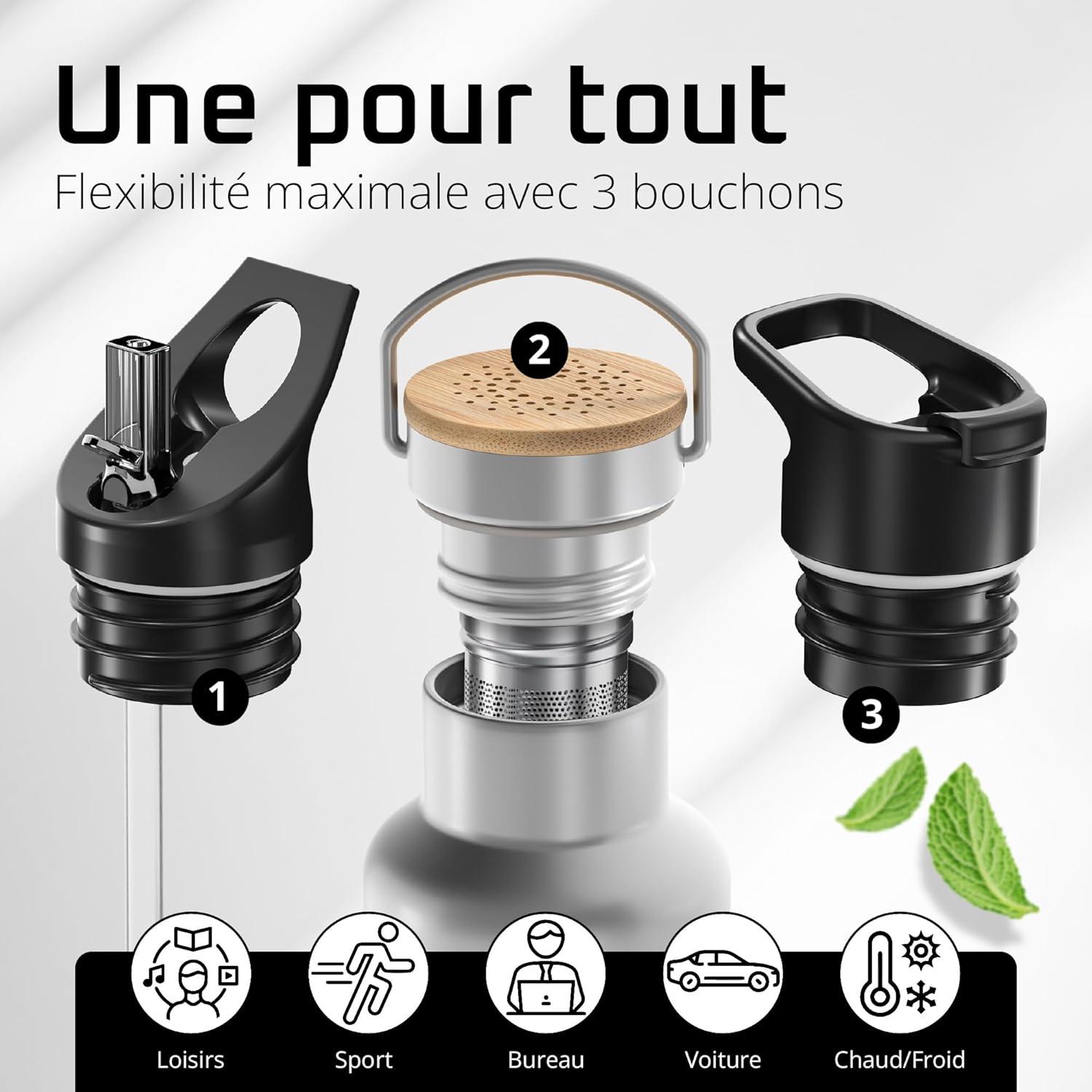 imageGourde Inox Isotherme ACTIVE FLASK 1l500ml sans BPA Paille 3 Bouchons Bouteille deau Acier Inoxydable Isole Thermos Rutilisable Camping Velo Sport Running Randonne Enfant Caf TheClassic Stainless Bamboo